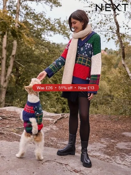 Next Navy Blue Patchwork Knitted Dog Jumper - 51% Off