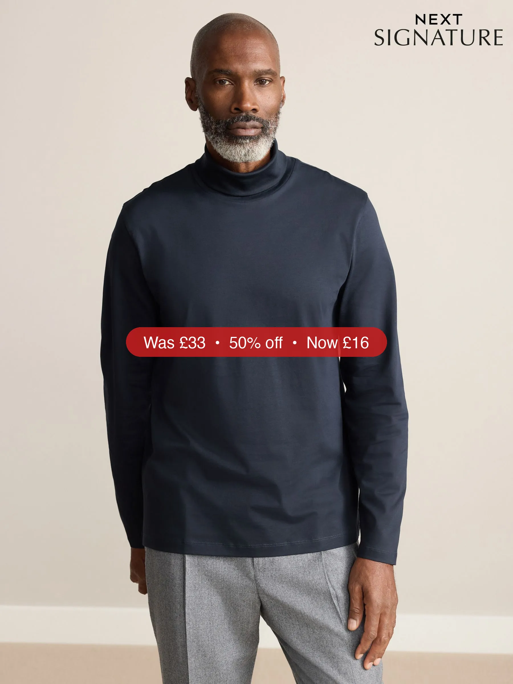 Next Navy Blue Signature SUPIMA® Cotton Long Sleeve Roll Neck T-Shirt - 50% Off