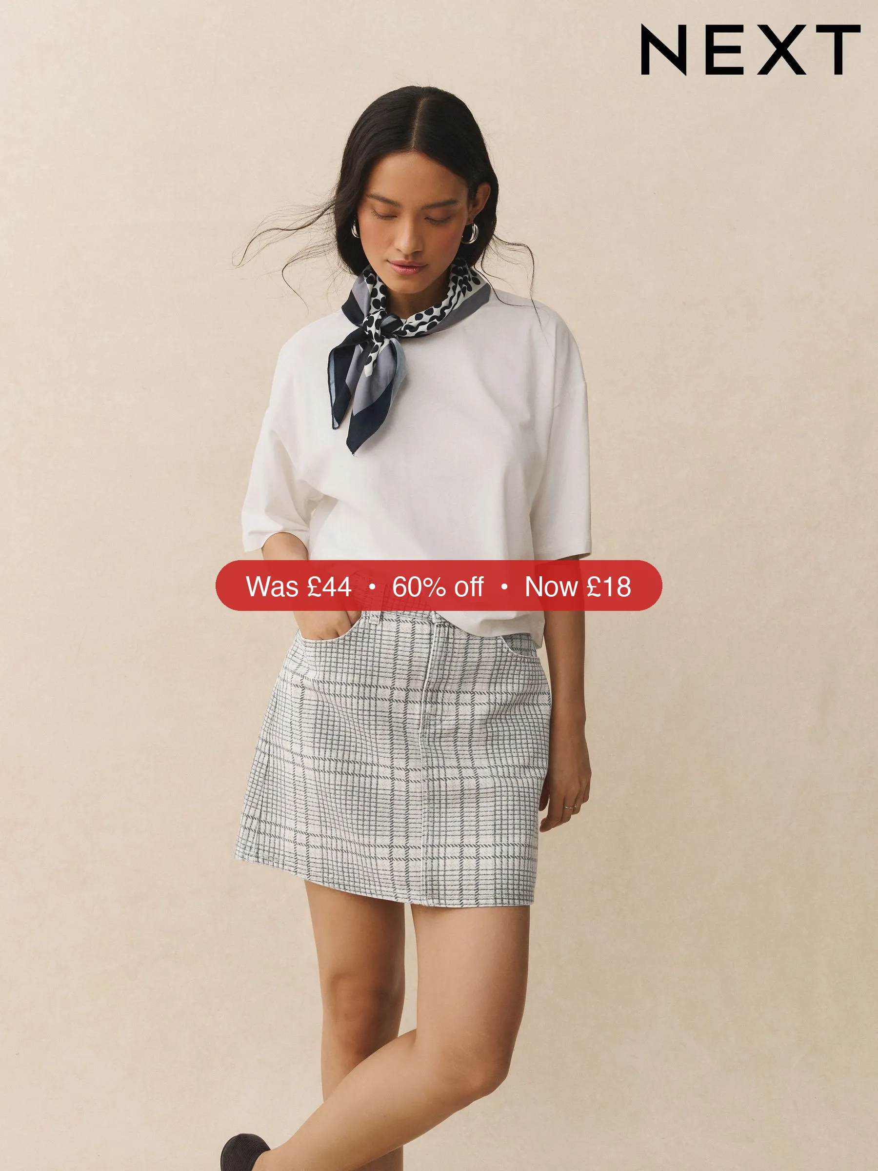 Next Neutral Checked Denim Mini Skirt - 60% Off