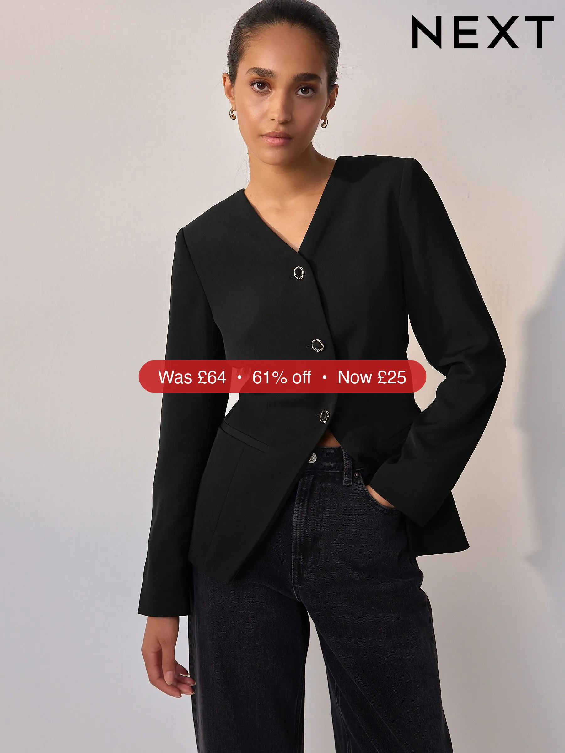 Next Black Collarless V-Neck Blazer - 61% Off