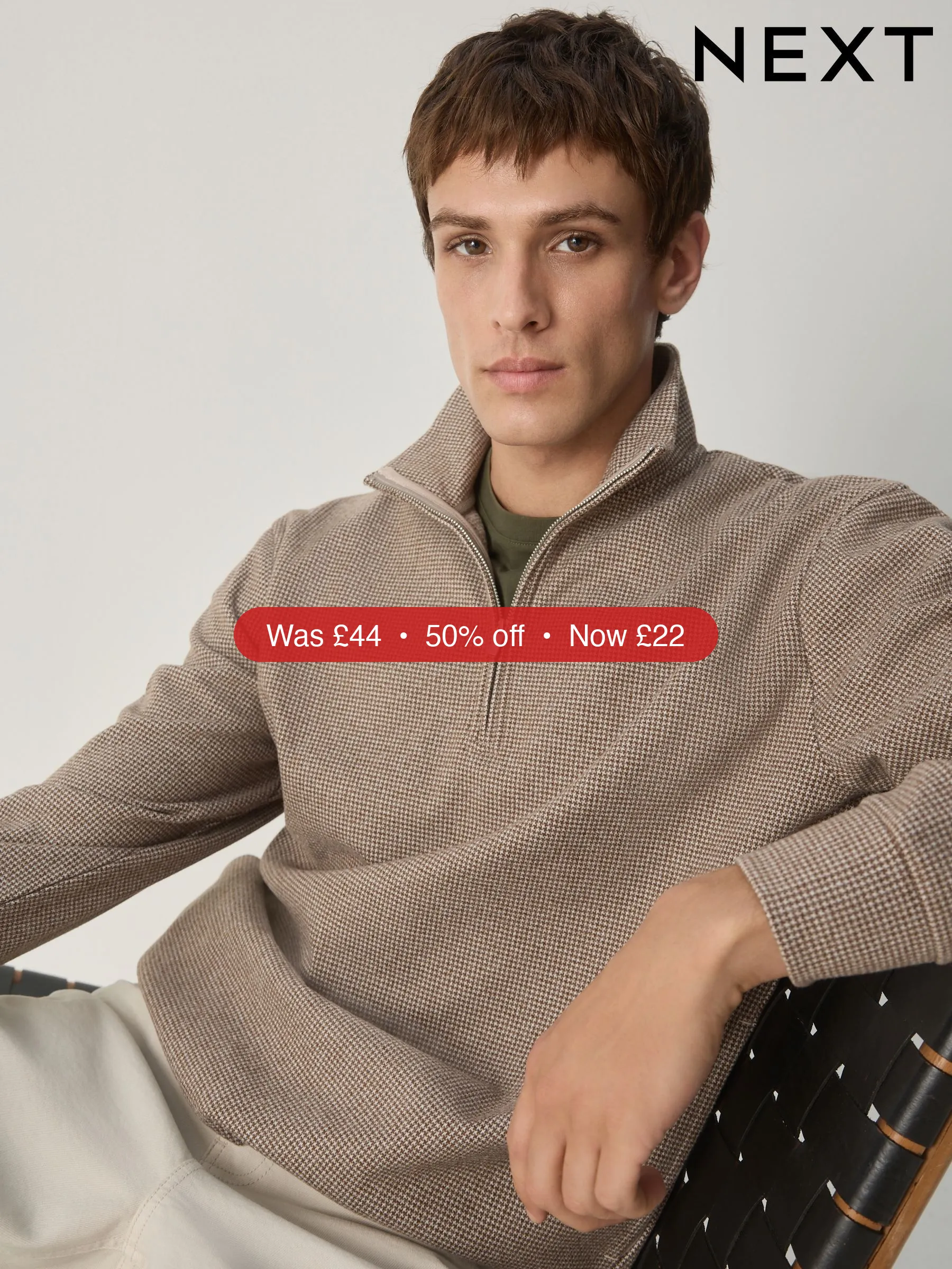 Next Neutral Brown Dogtooth Long Sleeve Quarter Zip Jumper - 50% Off
