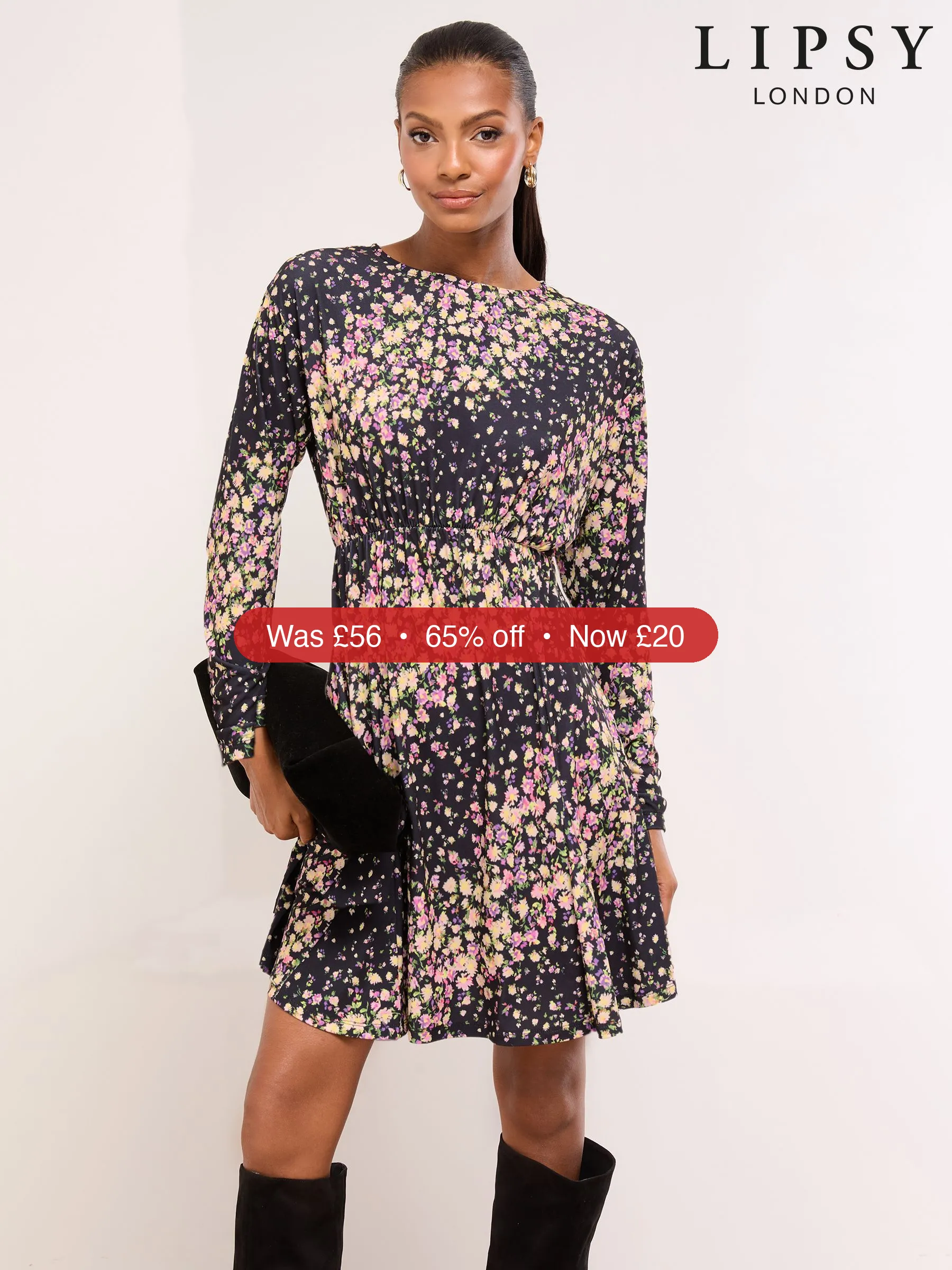 Next Lipsy Black Floral Mini Floral Lace Trim Jersey Underbust Dress - 65% Off