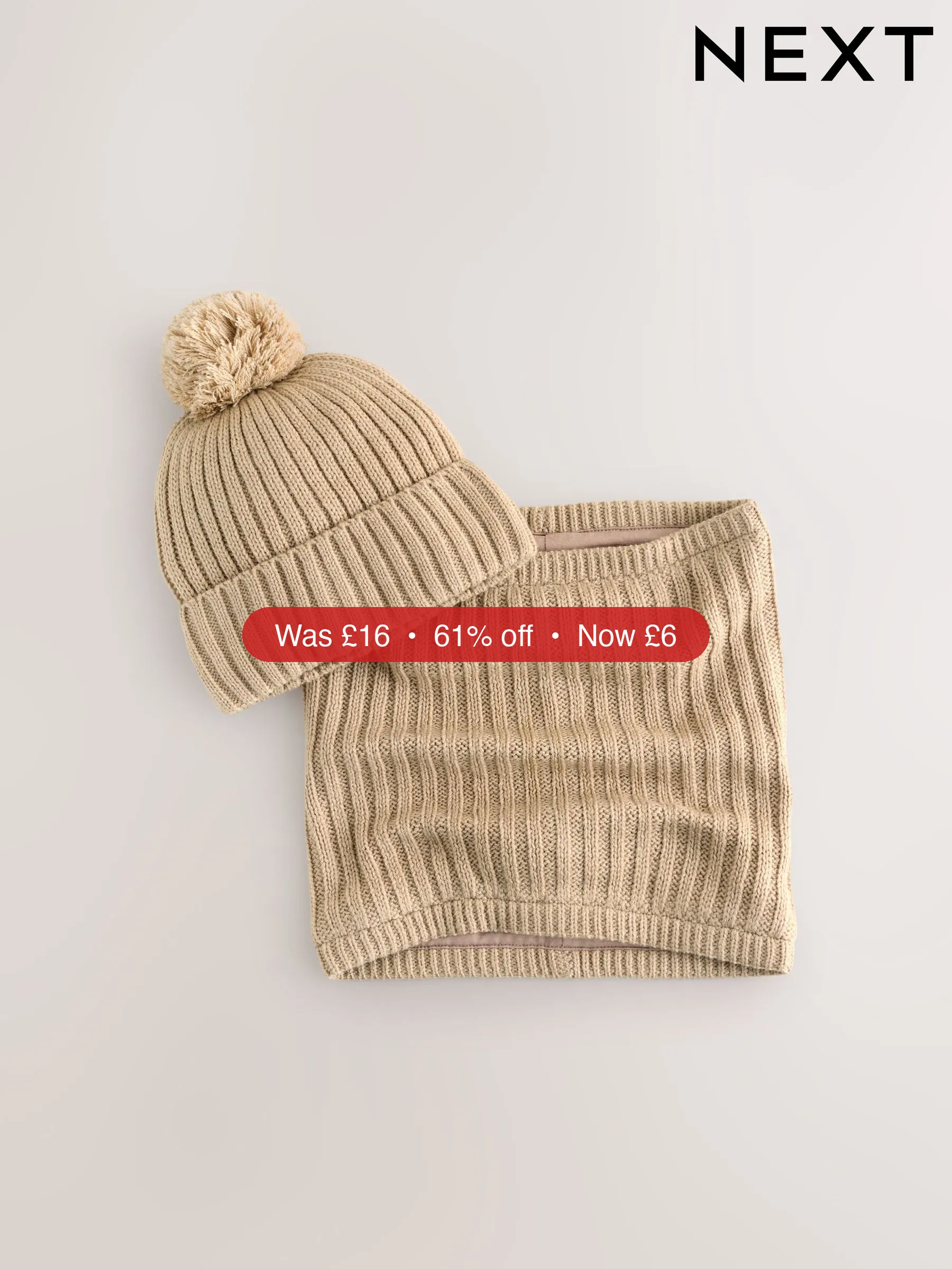 Next Neutral Pom Beanie Hat & Snood Set 2 Piece (1-16yrs) - 61% Off
