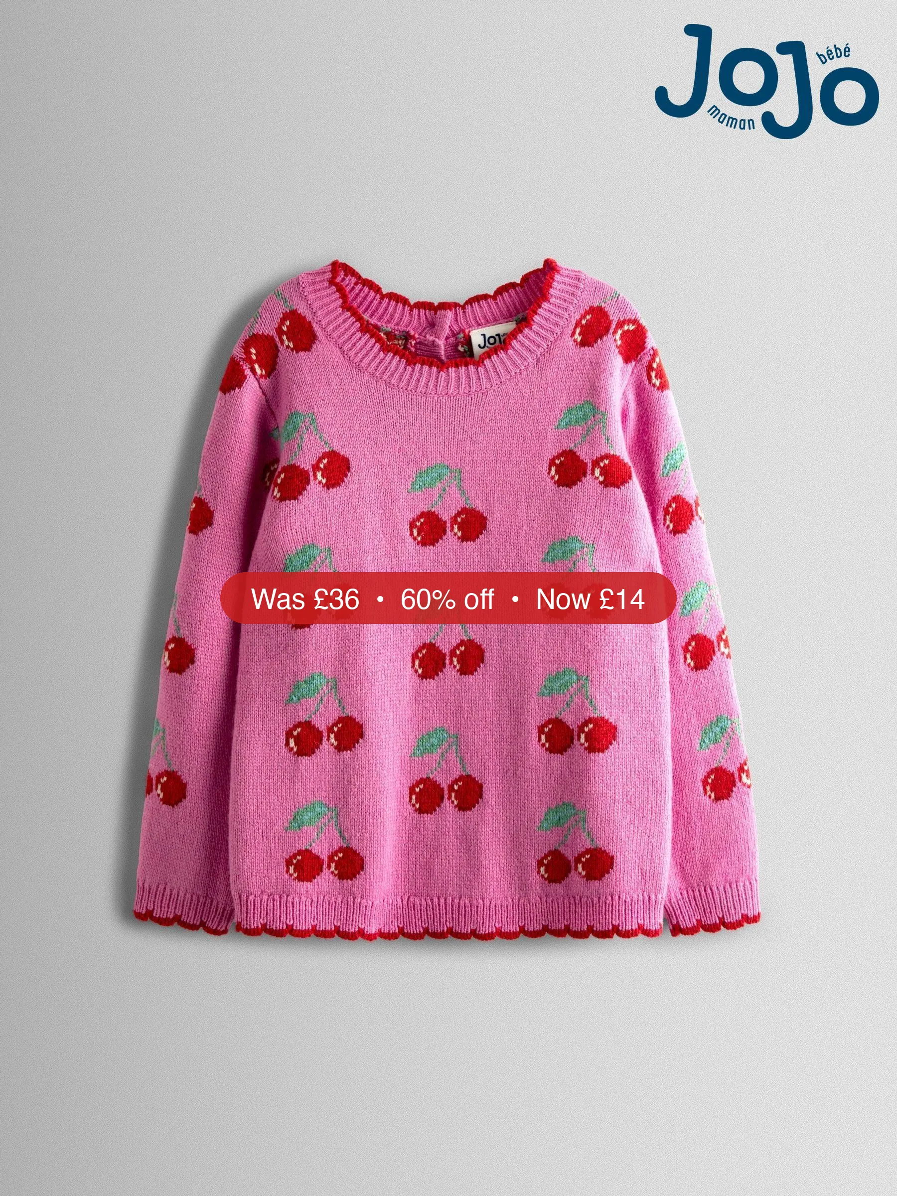 Next JoJo Maman Bébé Pink Cherry Intarsia Scallop Edge Jumper - 60% Off