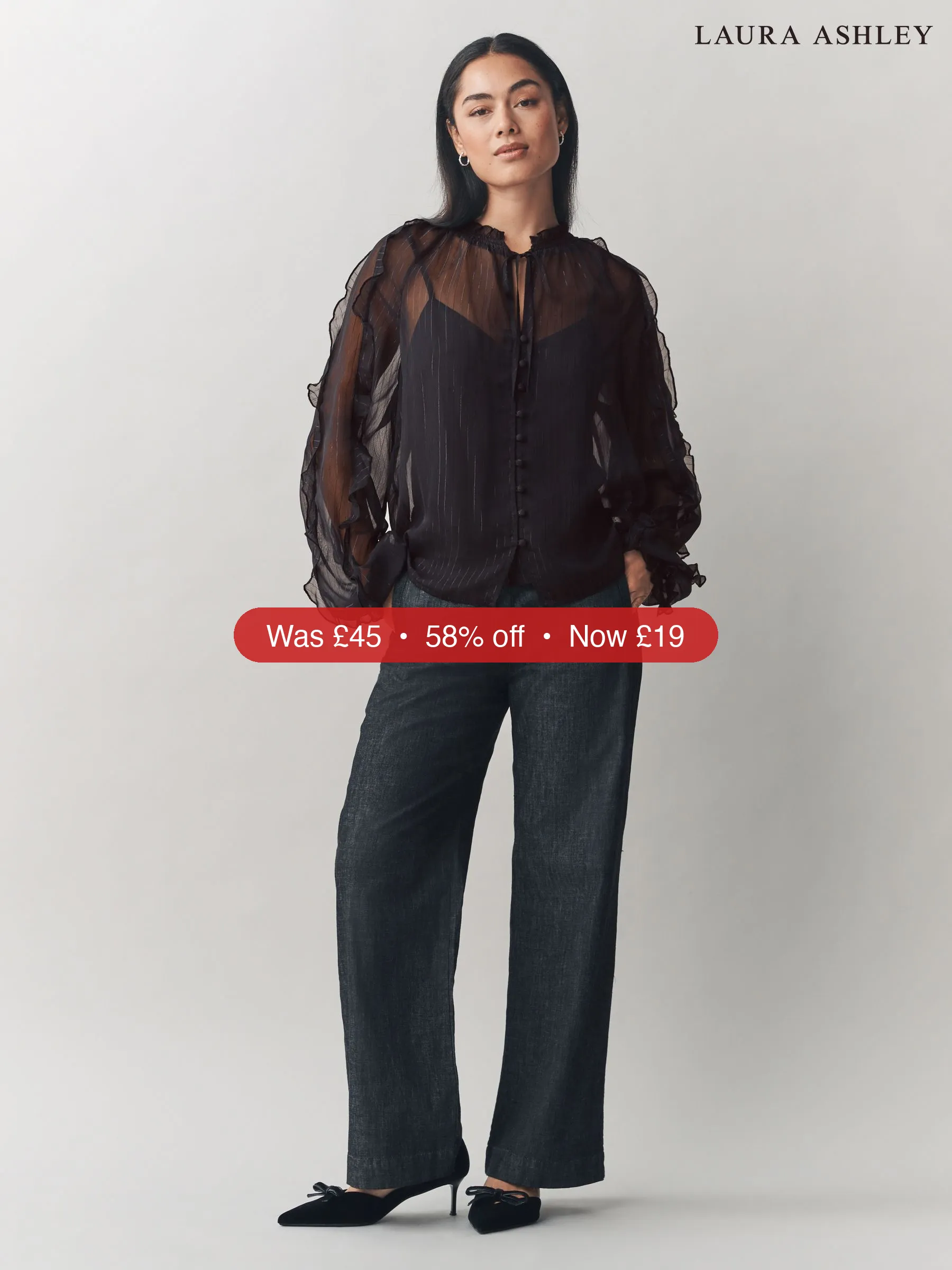 Next Laura Ashley Black Chiffon Ruffle Blouse with Lurex - 58% Off