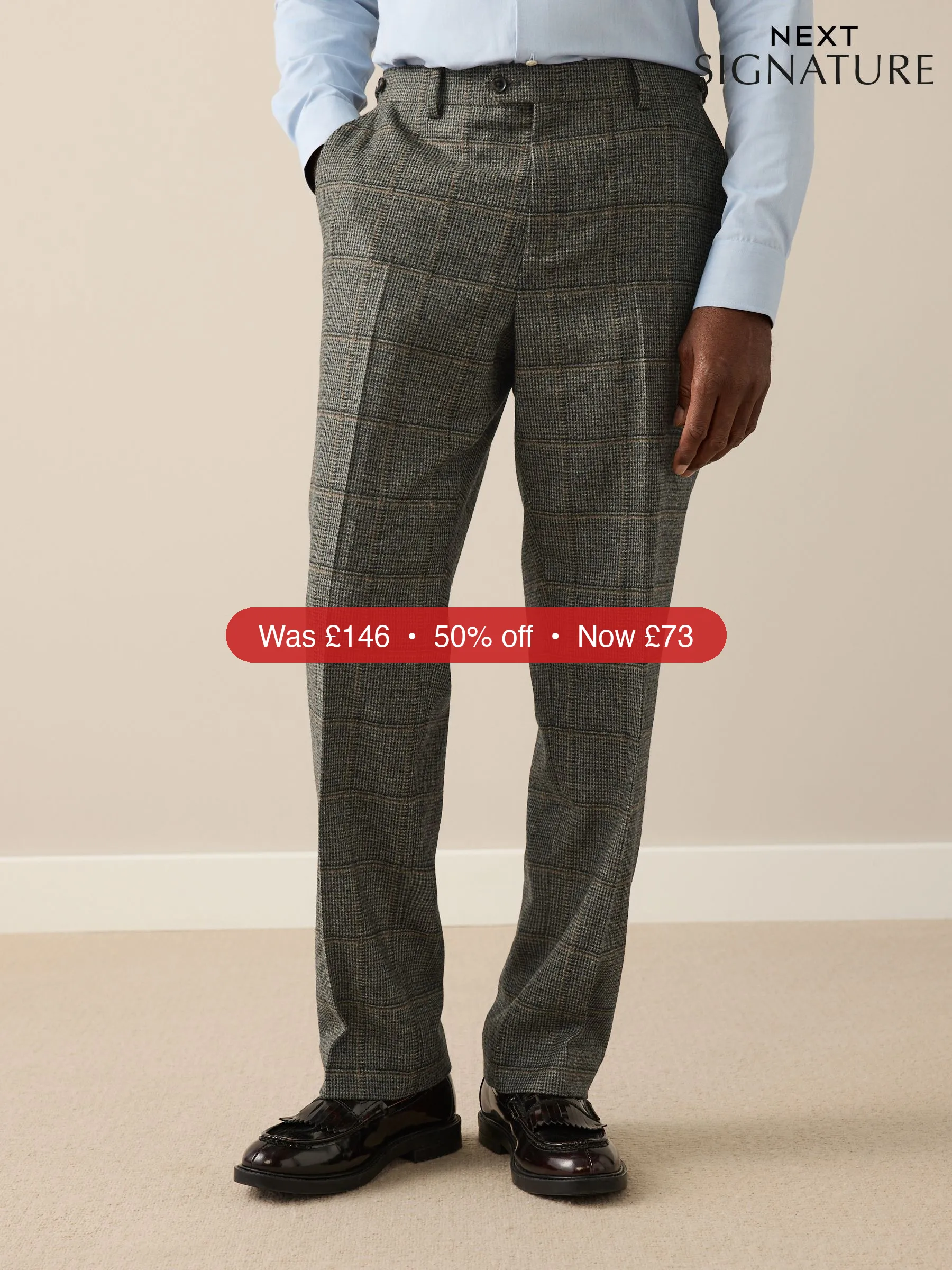 Next Green Regular Fit Signature Abraham Moon 100% Wool Tweed Check Suit Trousers - 50% Off