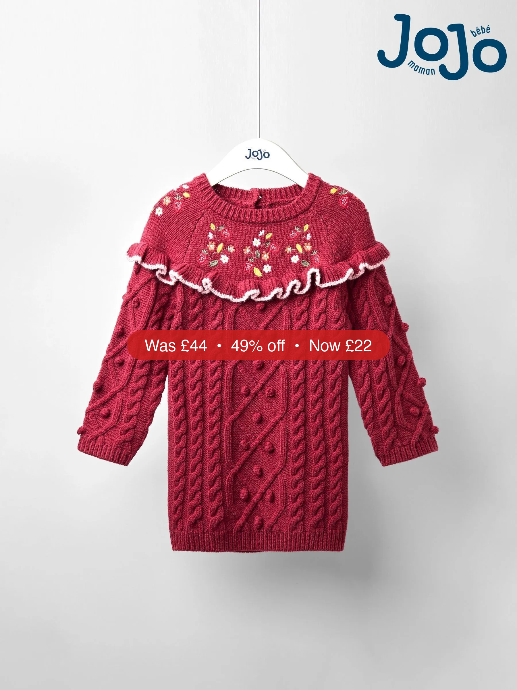 Next JoJo Maman Bébé Red Strawberry Embroidered Cable Frill Knitted Dress - 49% Off