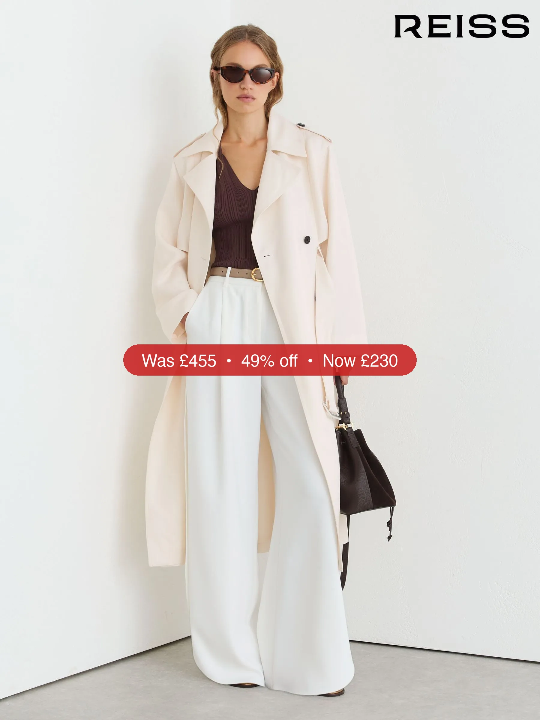 Next Reiss White Charli Double-Breasted Trench Coat with Linen - 49% Off
