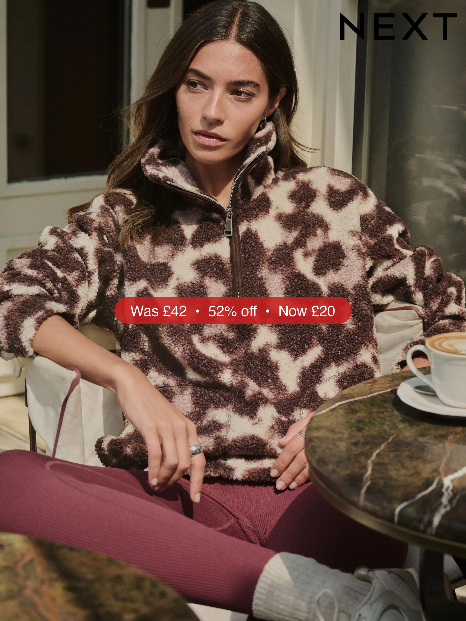 Next Chocolate Brown/Pink Leopard Soft Touch Cosy Teddy Borg Quarter Zip Fleece - 52% Off