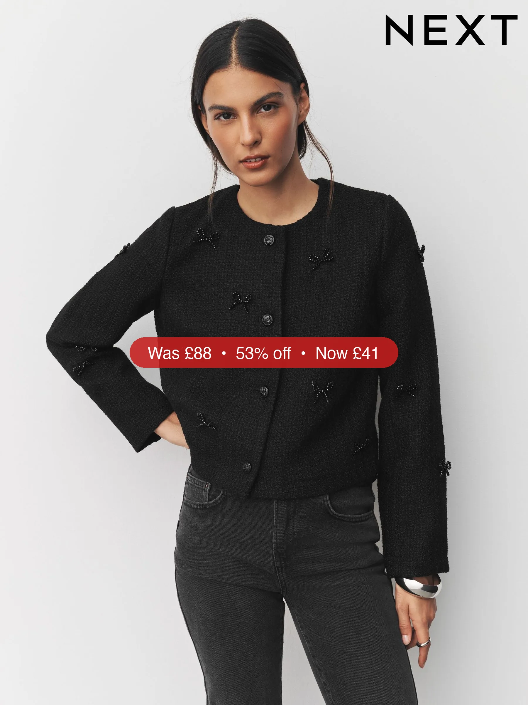 Next Black Beaded Bow Boucle Jacket - 53% Off