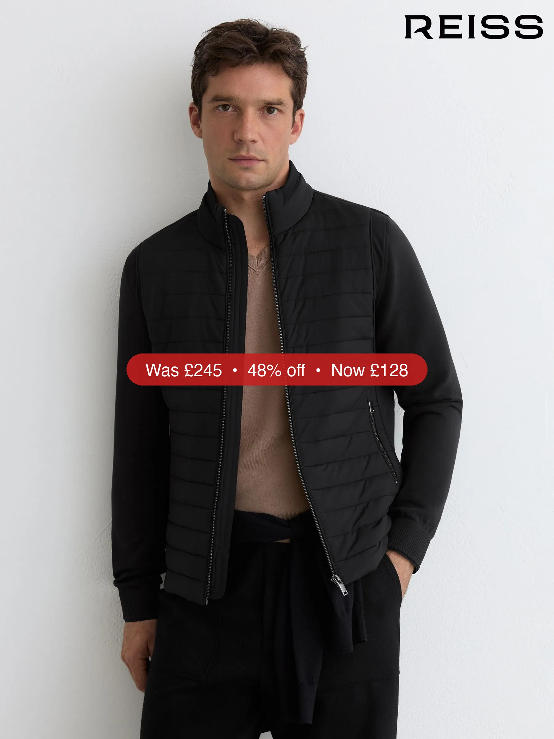 Next Reiss Black Asher Hybrid Interlock-Jersey Quilted Jacket - 48% Off