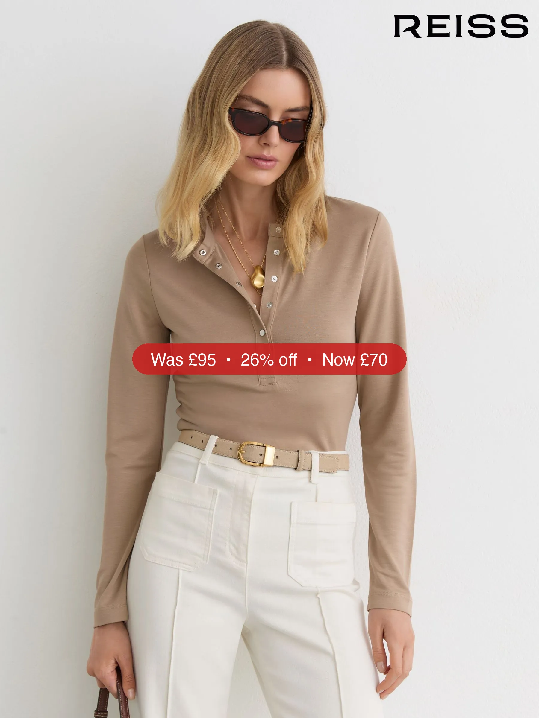 Next Reiss Camel Alina Jersey Long-Sleeve Henley Top - 26% Off