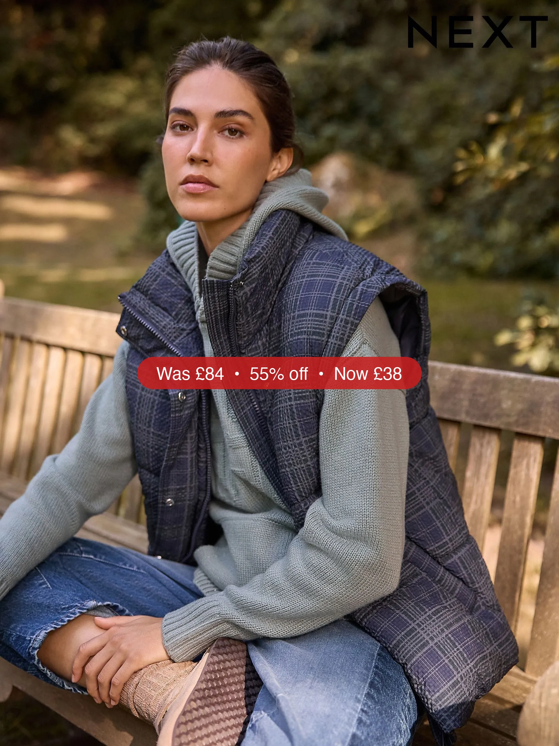 Next Navy Blue Check Short Padded Coat with Detachable Sleeves - 55% Off