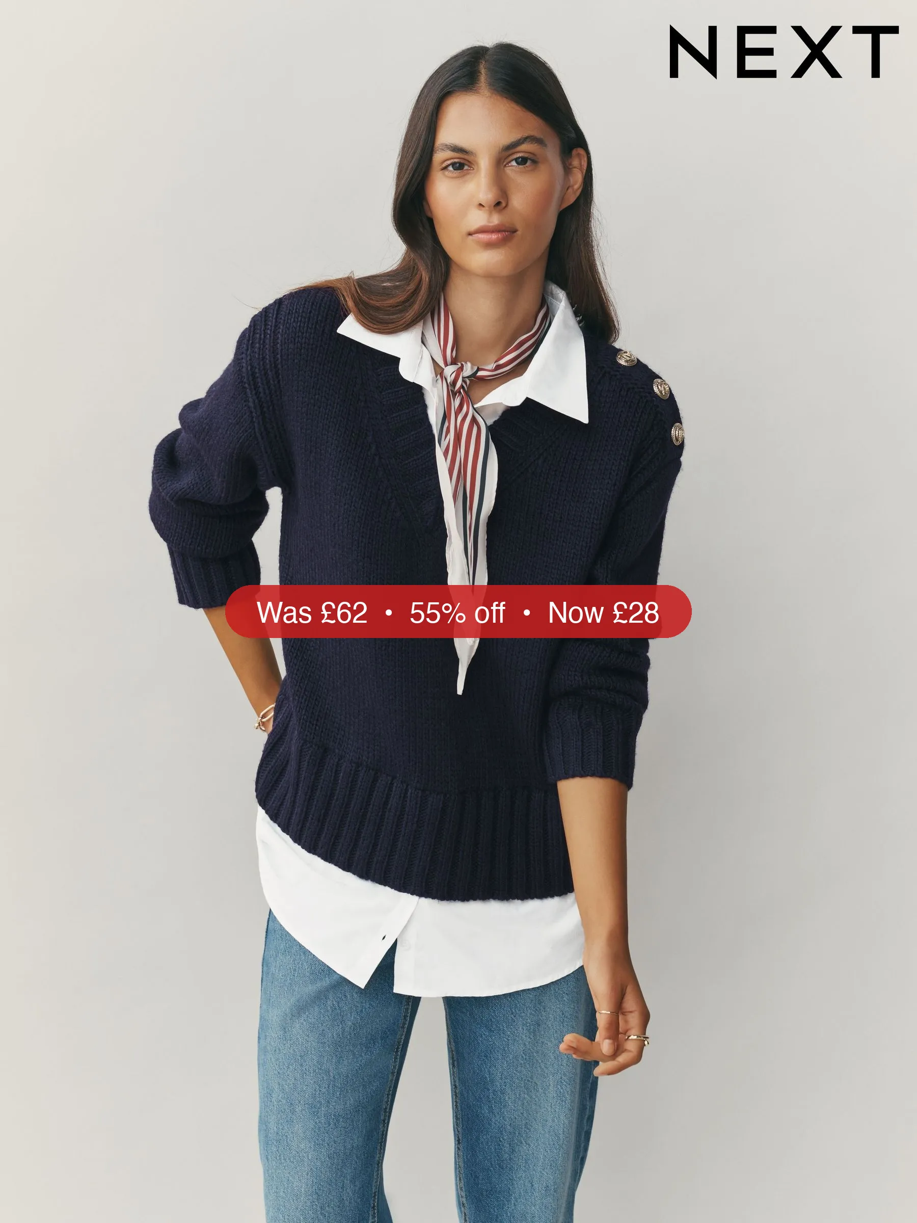 Next Navy Blue V-Neck Knitted Shirt Layer Look Jumper - 55% Off