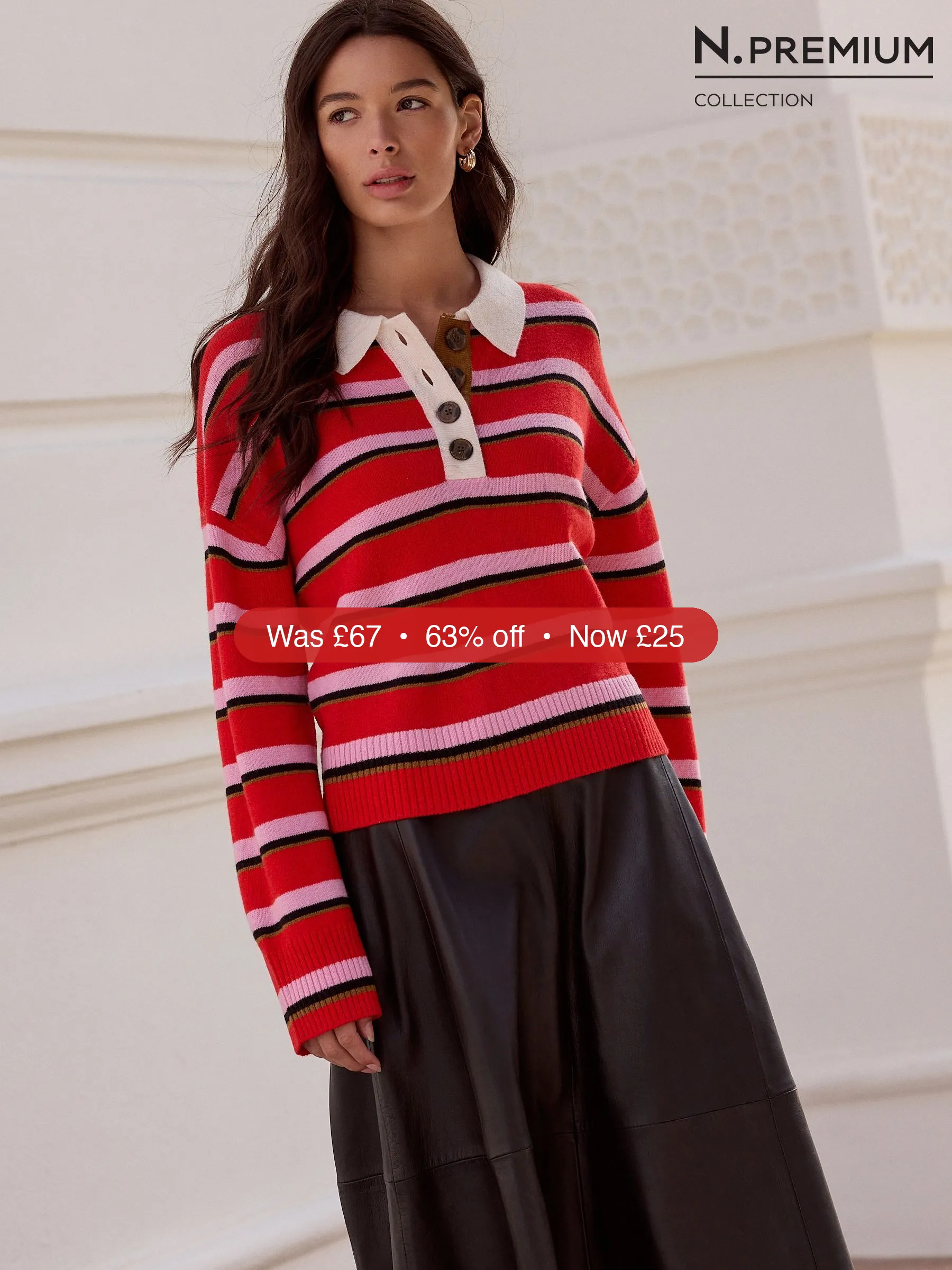 Next Red/Pink Stripe N. Premium 100% Wool Polo Jumper - 63% Off