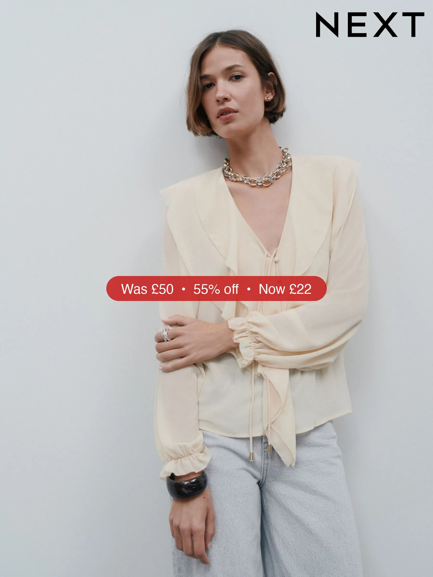 Next Ecru V-Neck Ruffle Front Long Sleeve Blouse - 55% Off