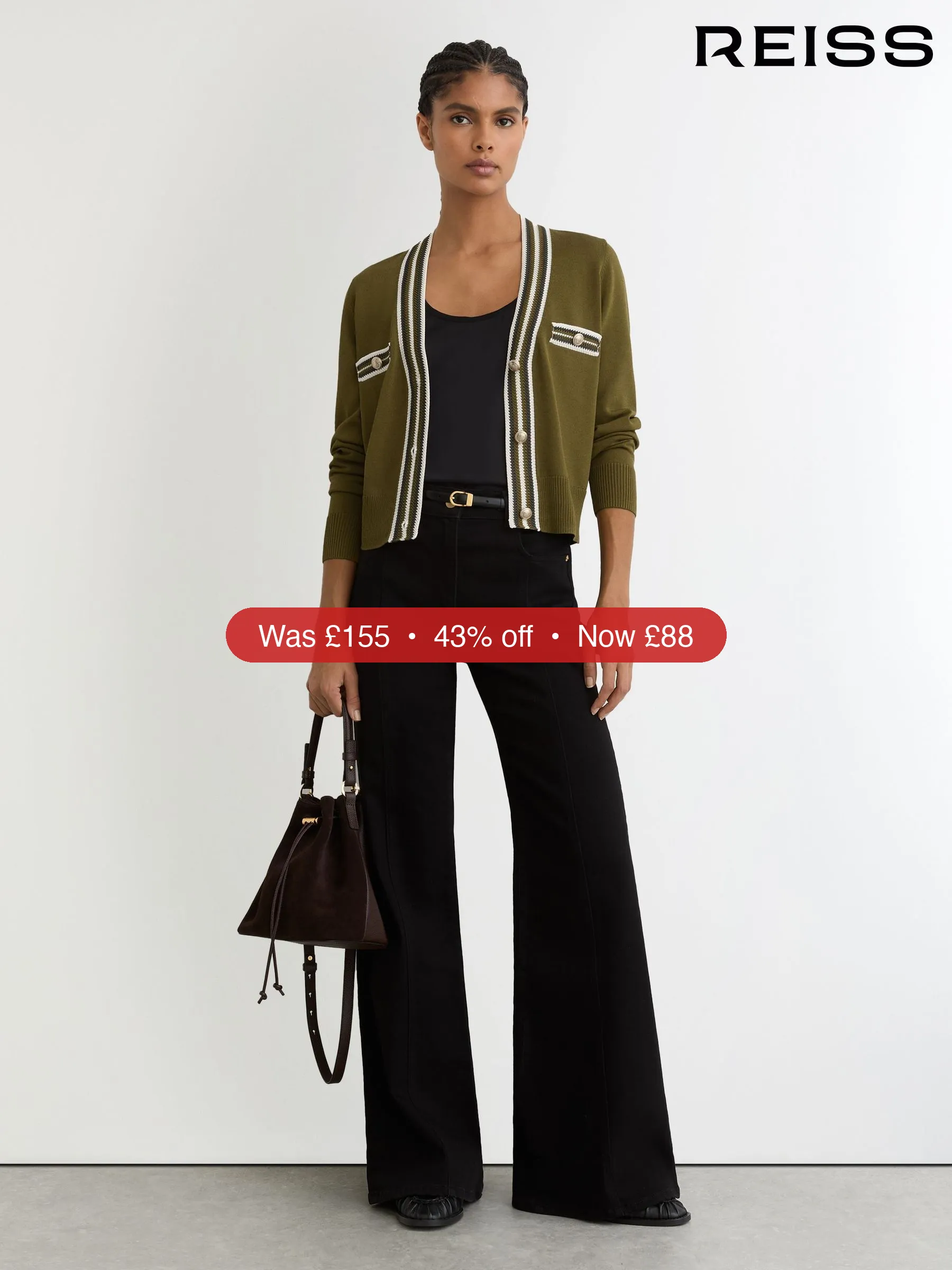 Next Reiss Green/Ivory Danni Tipped Button-Through Cardigan - 43% Off
