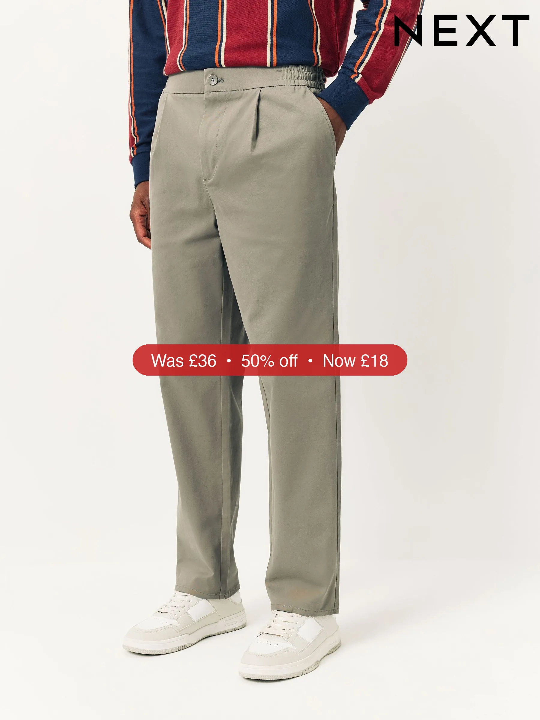 Next Clay Straight Fit Pleated Stretch Chinos Trousers With Elasticated Waist - 50% Off