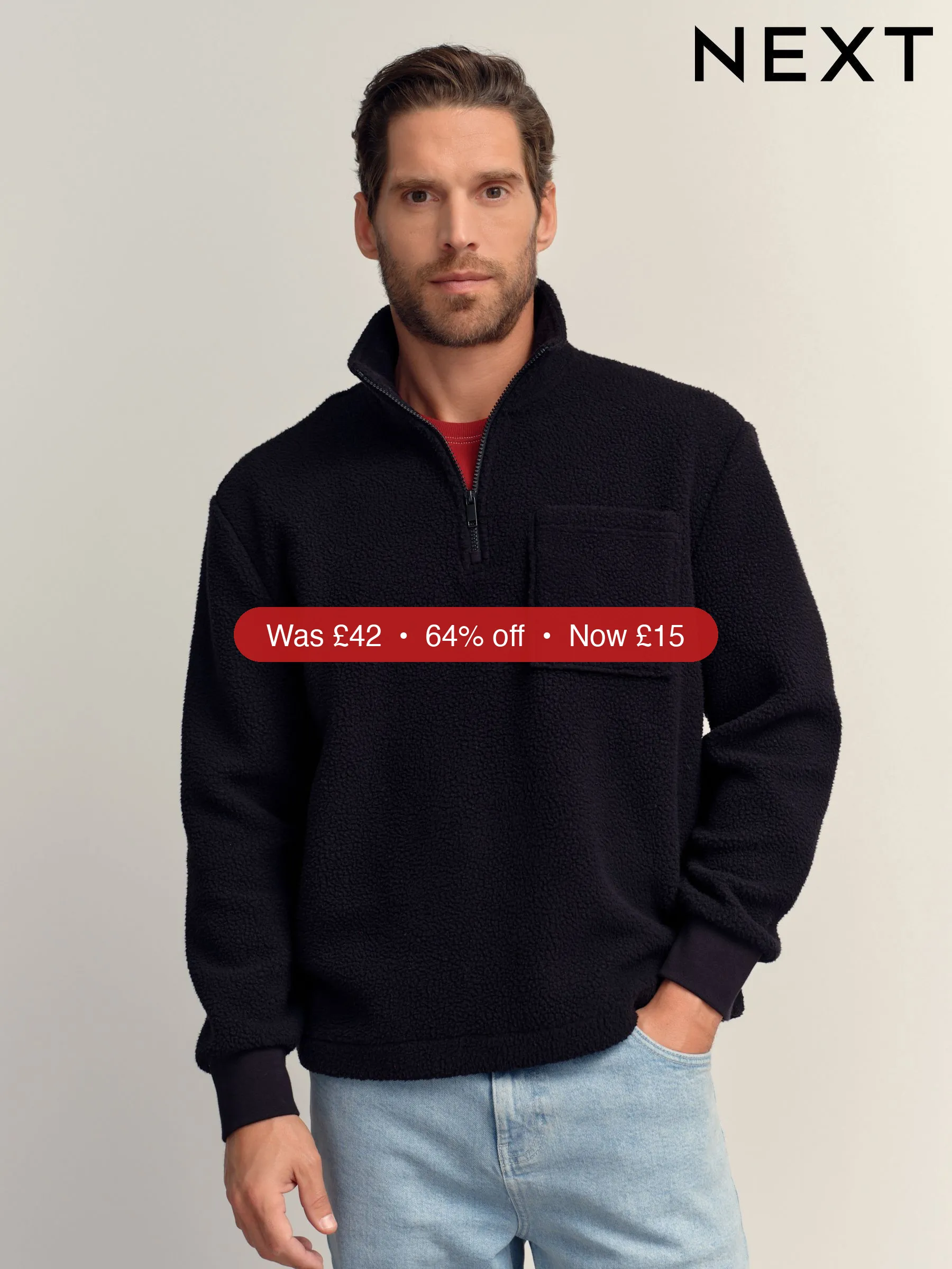 Next Black Quarter Zip Borg Fleece - 64% Off