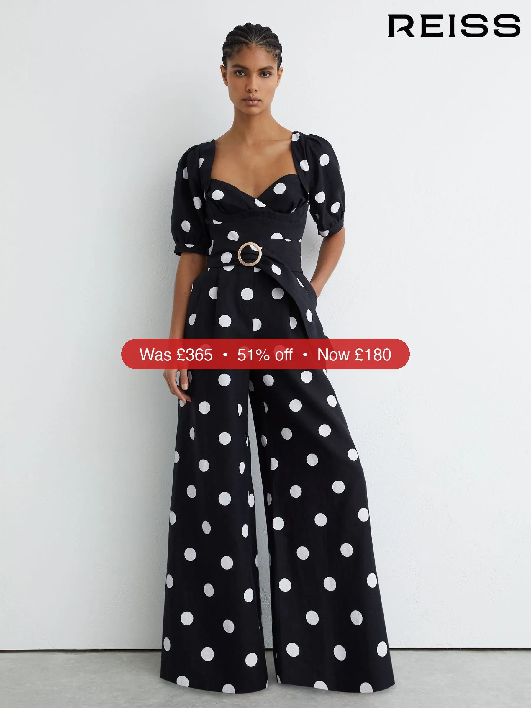 Next Reiss Navy/Ivory Brook Linen Polka-Dot Wide-Leg Jumpsuit - 51% Off