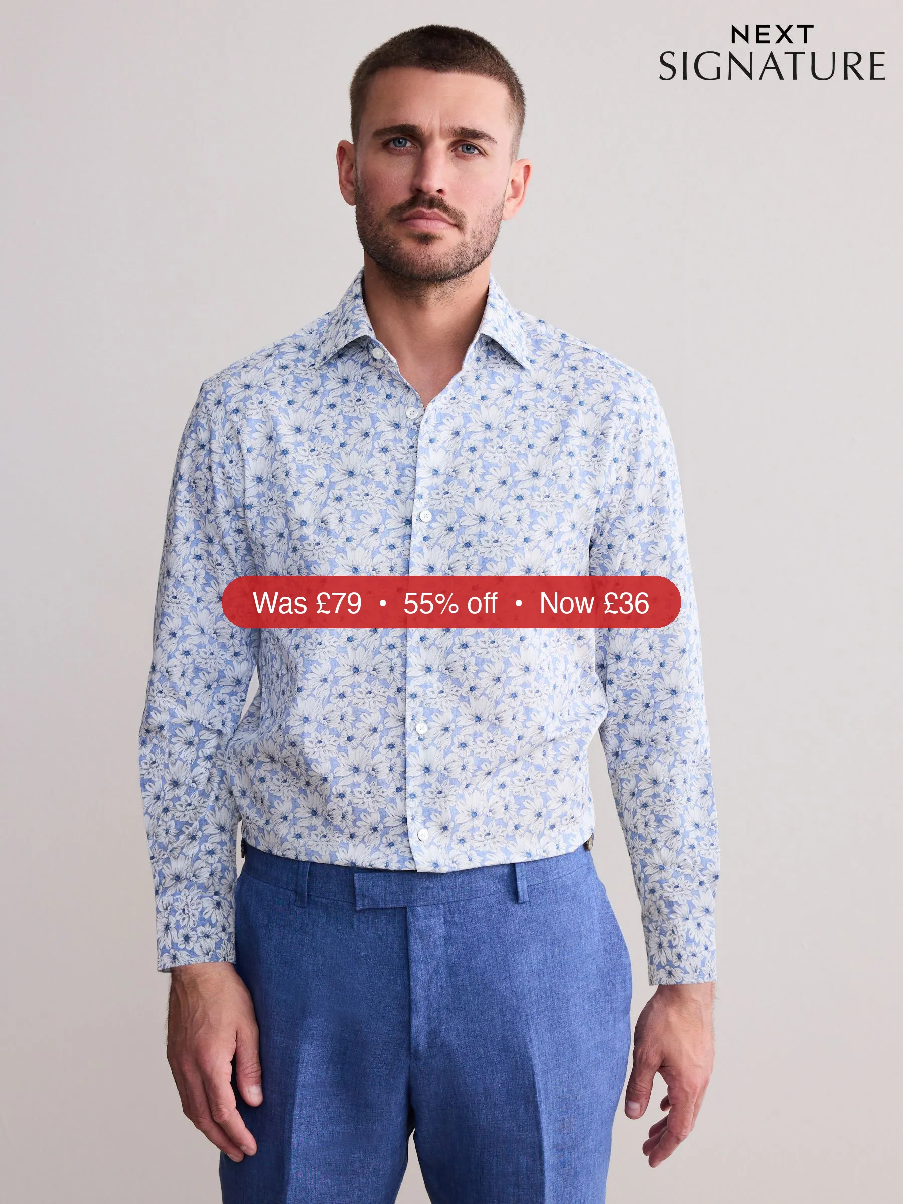 Next Sky Blue Slim Fit Signature 100% Cotton Floral Print Long Sleeve Shirt - 55% Off