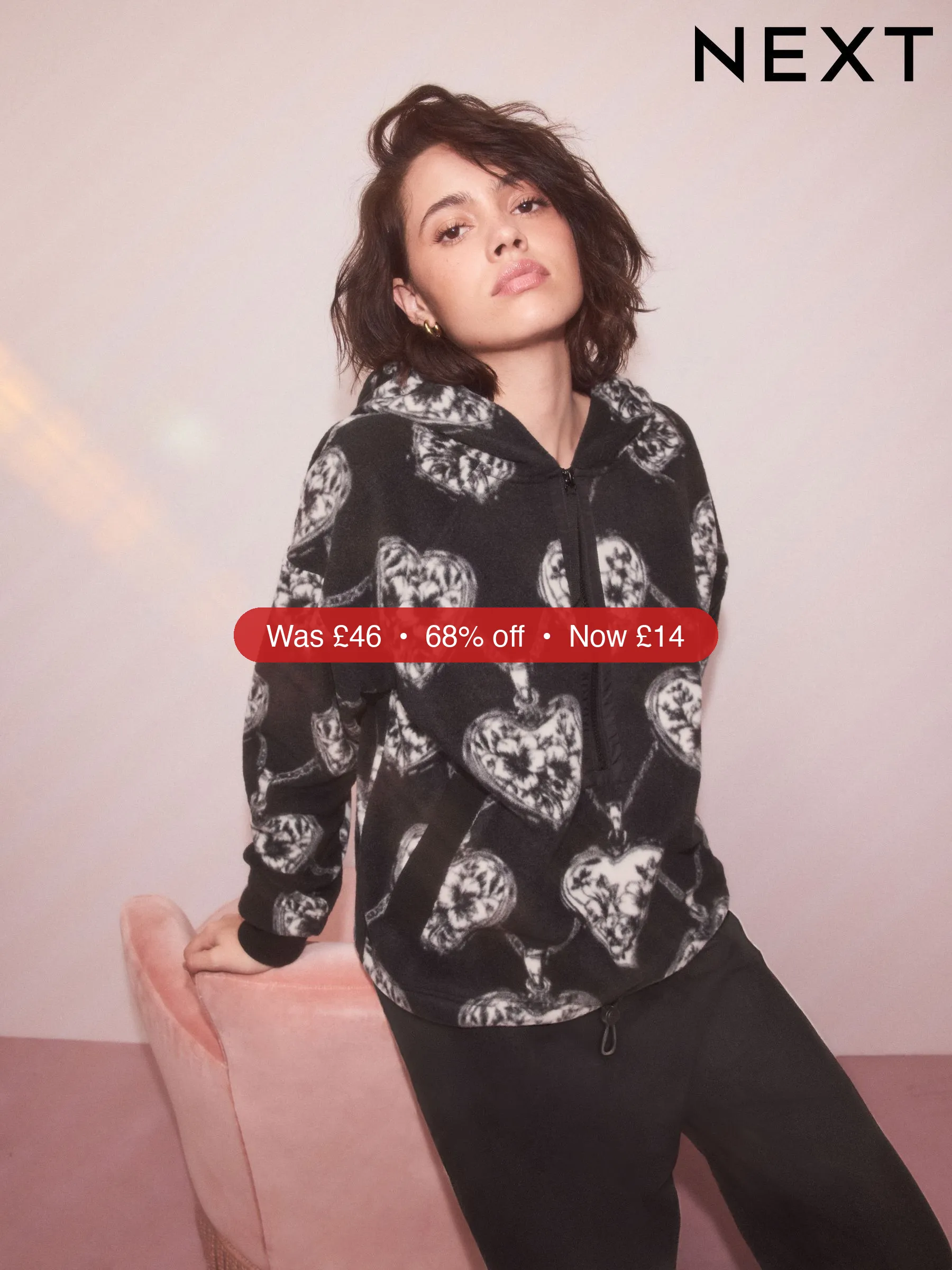 Next Black/White Heart Print Half Zip Fleece Hoodie - 68% Off