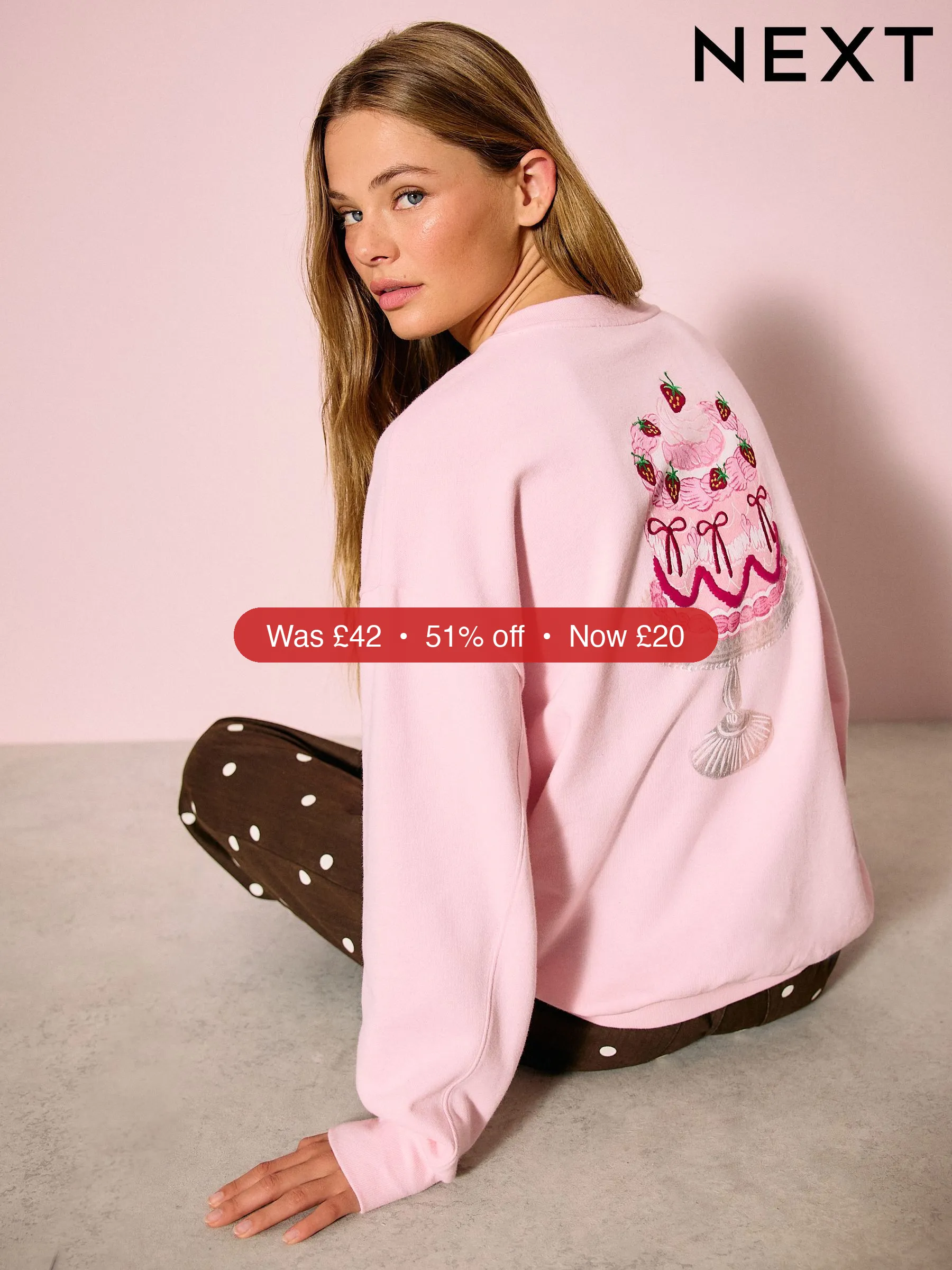 Next Pink Beaded Cake Graphic Hearts and Valentines Long Sleeve Sweat Top - 51% Off