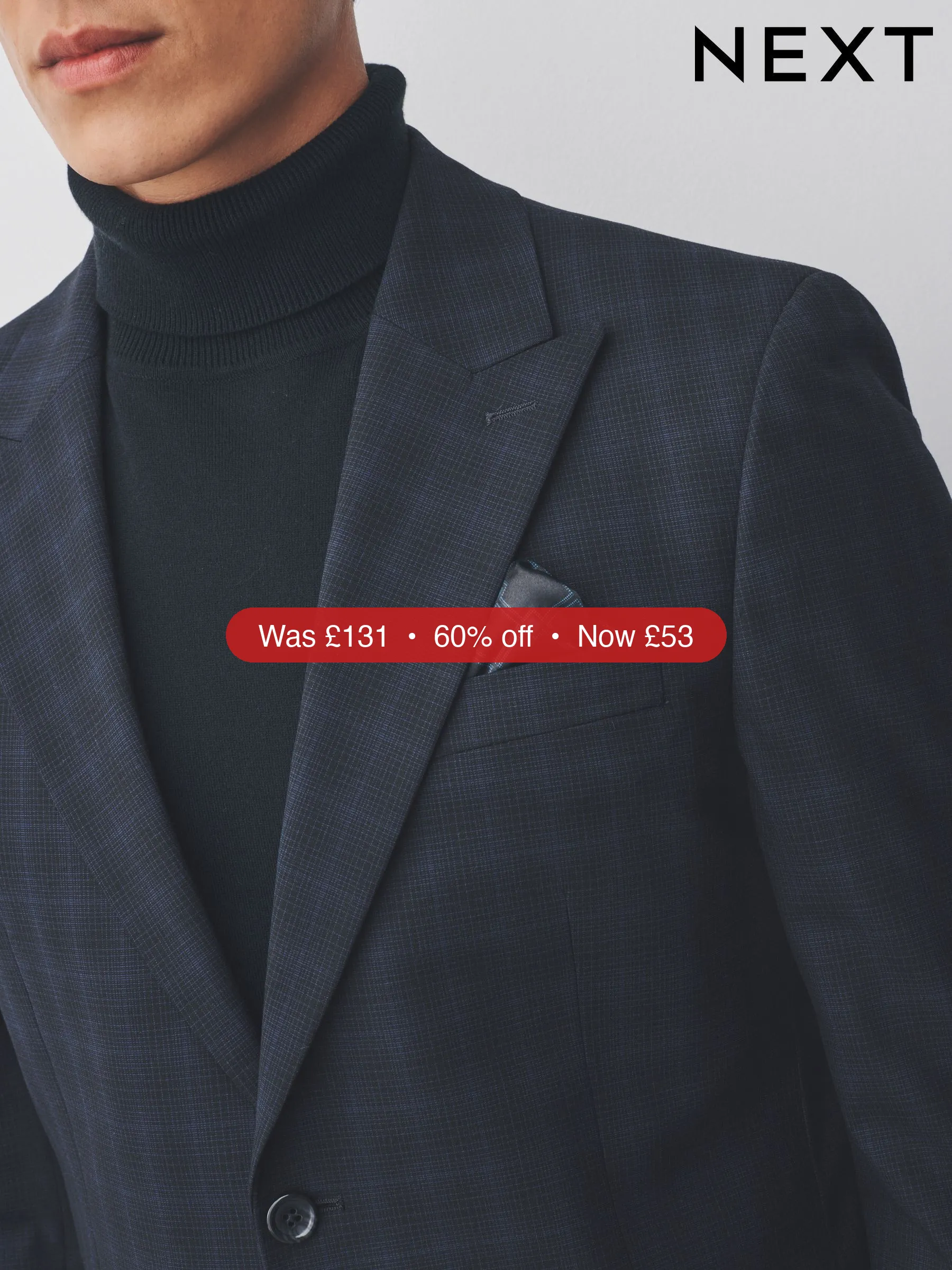 Next Navy Blue Slim Fit Check Suit Jacket - 60% Off