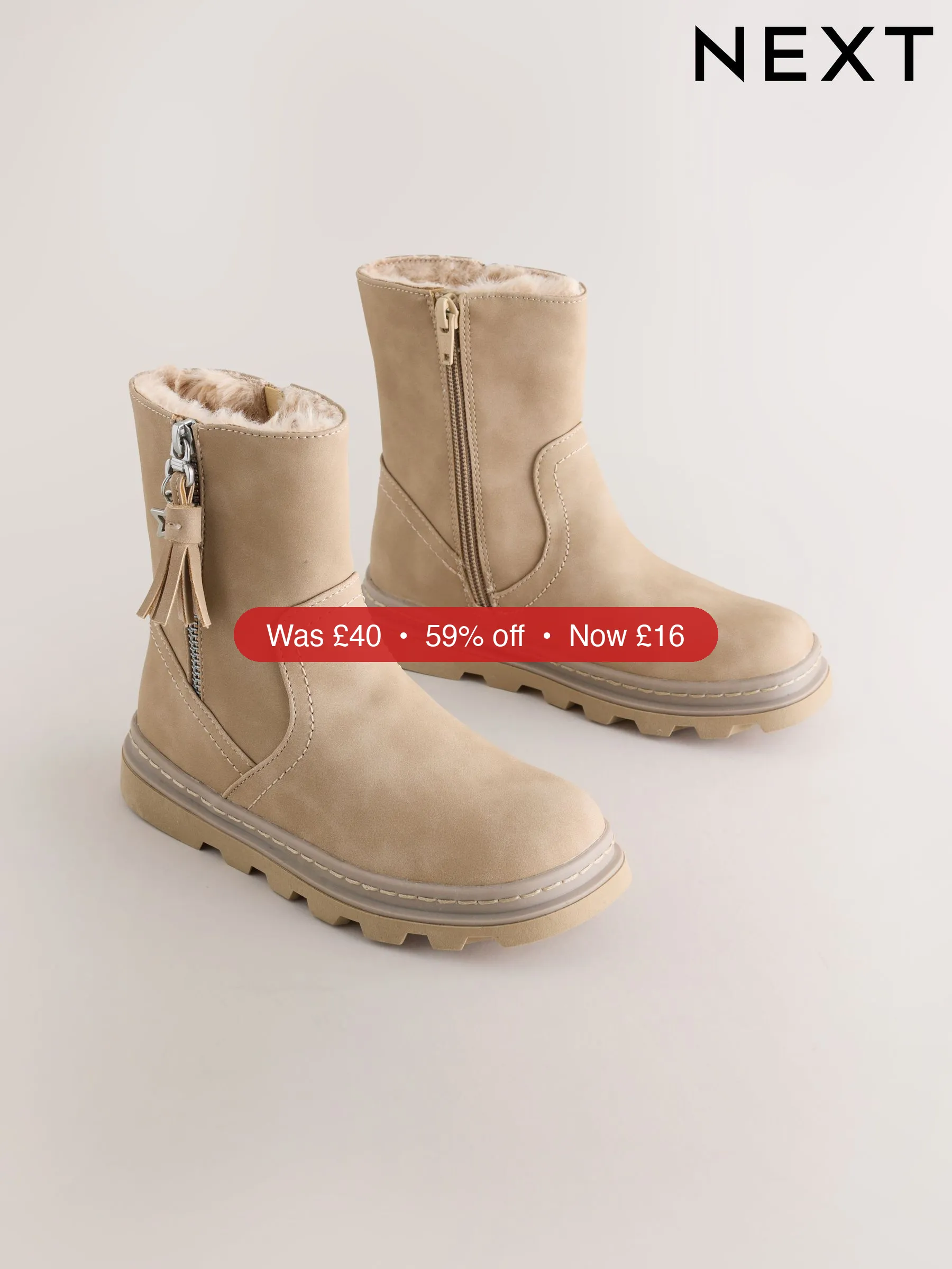 Next Neutral Faux Fur Lined Tassel Boots - 59% Off