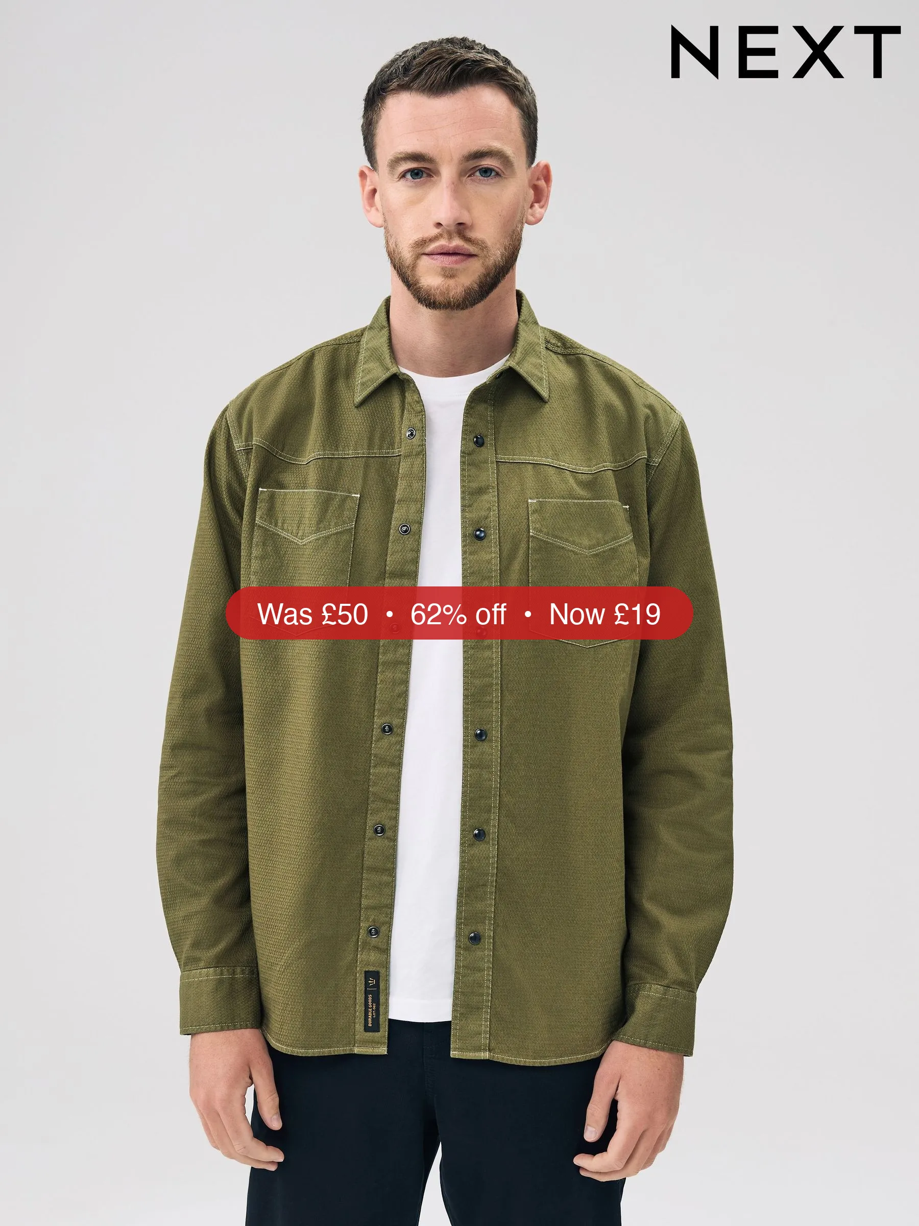Next Khaki Green Twin Pocket Western Style Long Sleeve Shirt - 62% Off