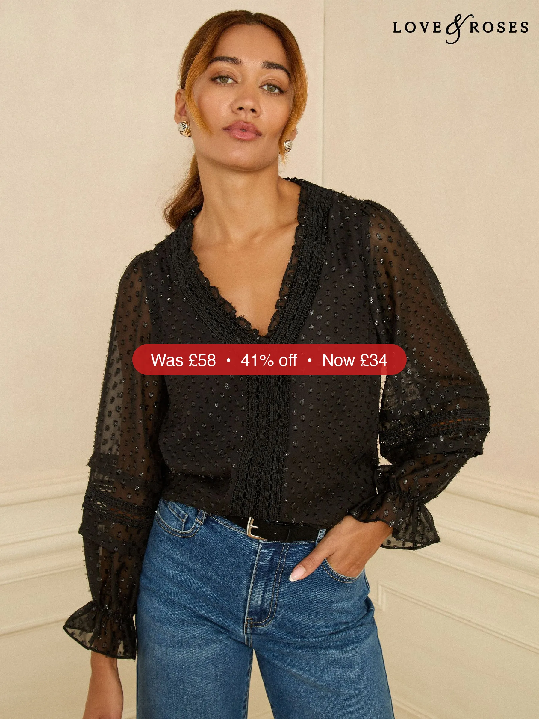 Next Love & Roses Black Long Sleeve Metallic Dobby Velvet Blouse - 41% Off