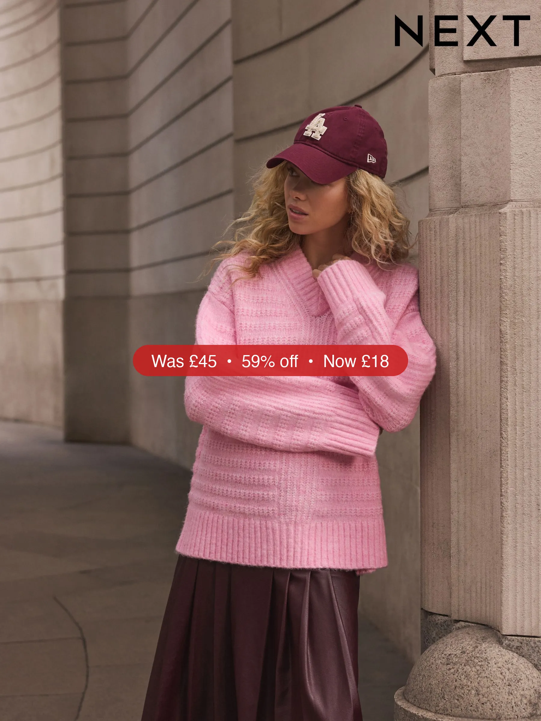 Next Light Pink Ribbed Longline V-Neck Jumper With Wool - 59% Off