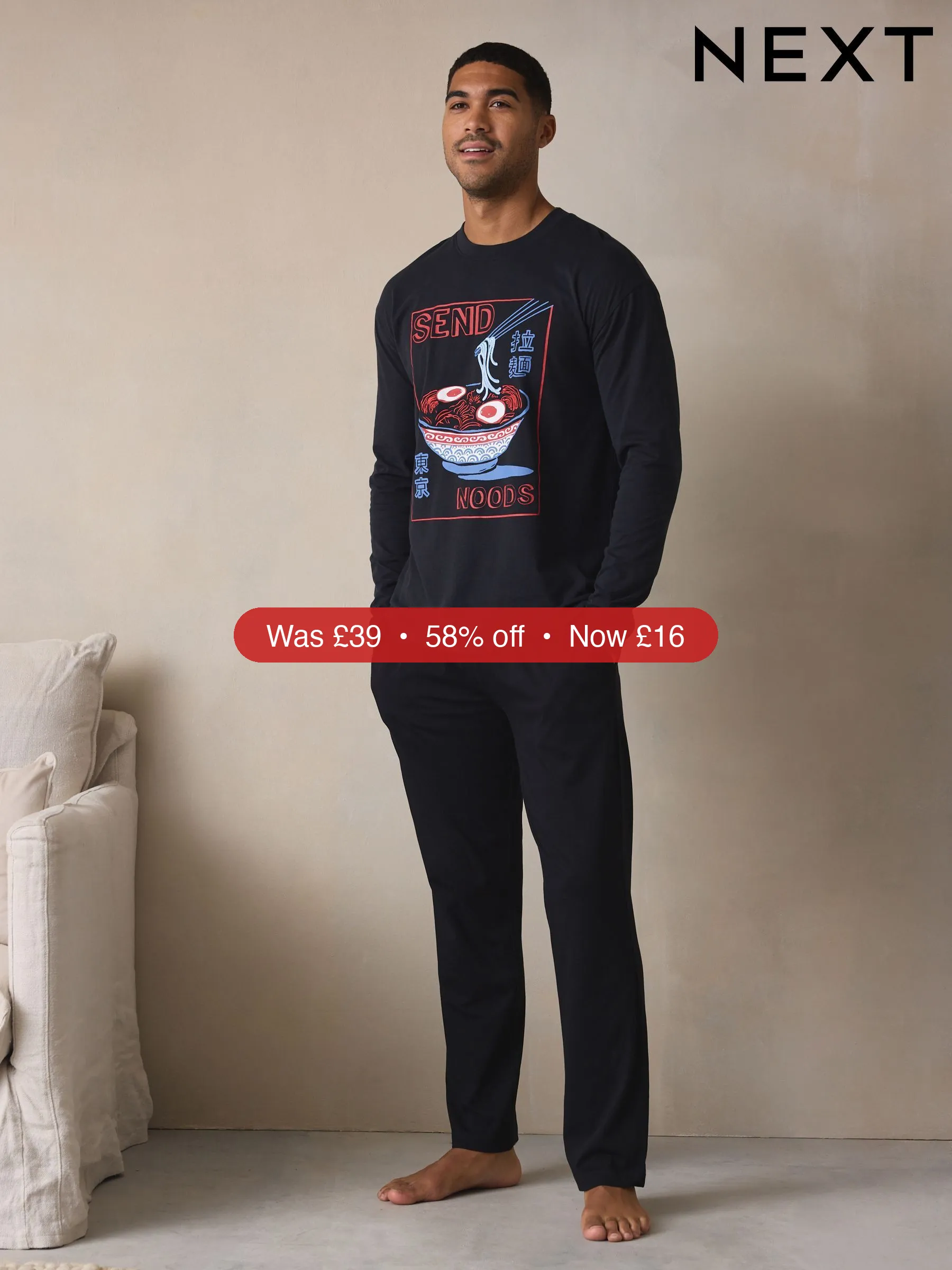 Next Black Graphic Long Sleeve Jersey Pyjamas Set - 58% Off