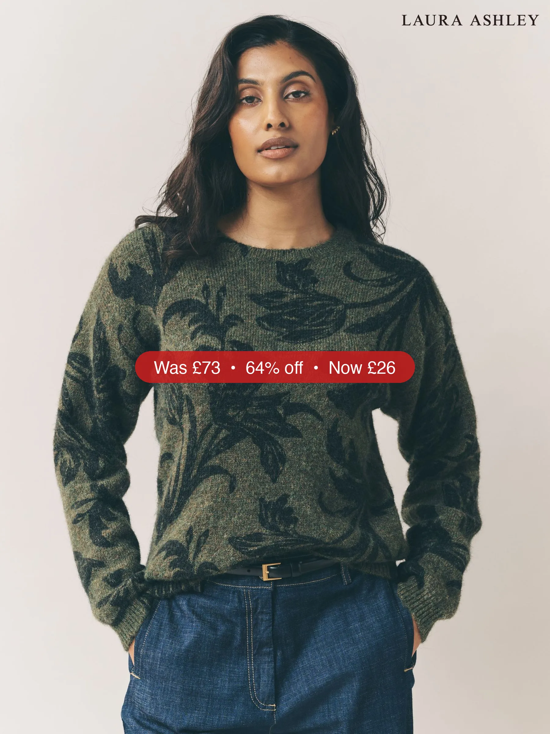 Next Laura Ashley Olive Green Lloyd Print Crew Neck Jumper With a Touch of Wool - 64% Off