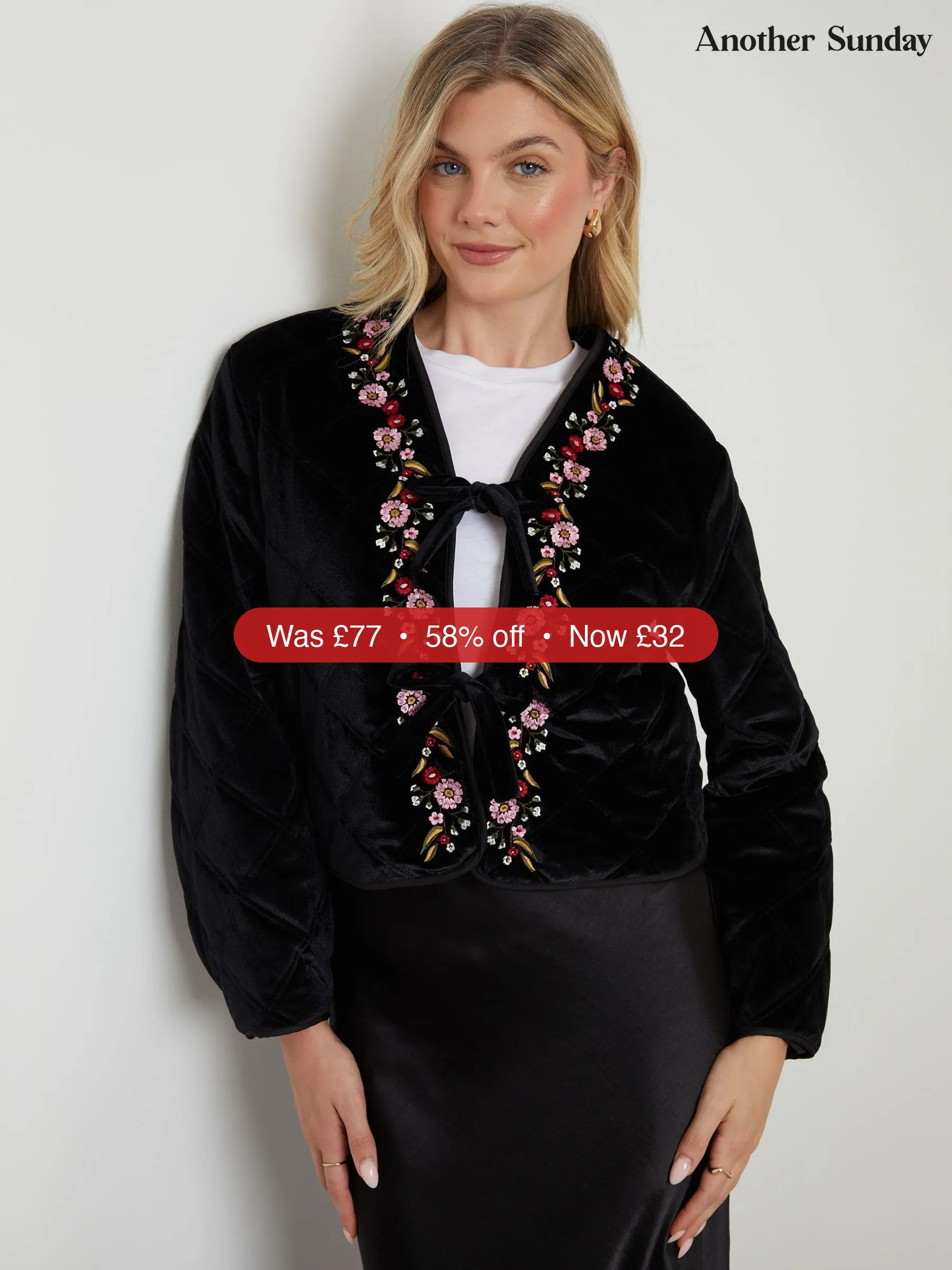 Next Another Sunday Black Quilted Velvet Floral Embroidered Jacket - 58% Off