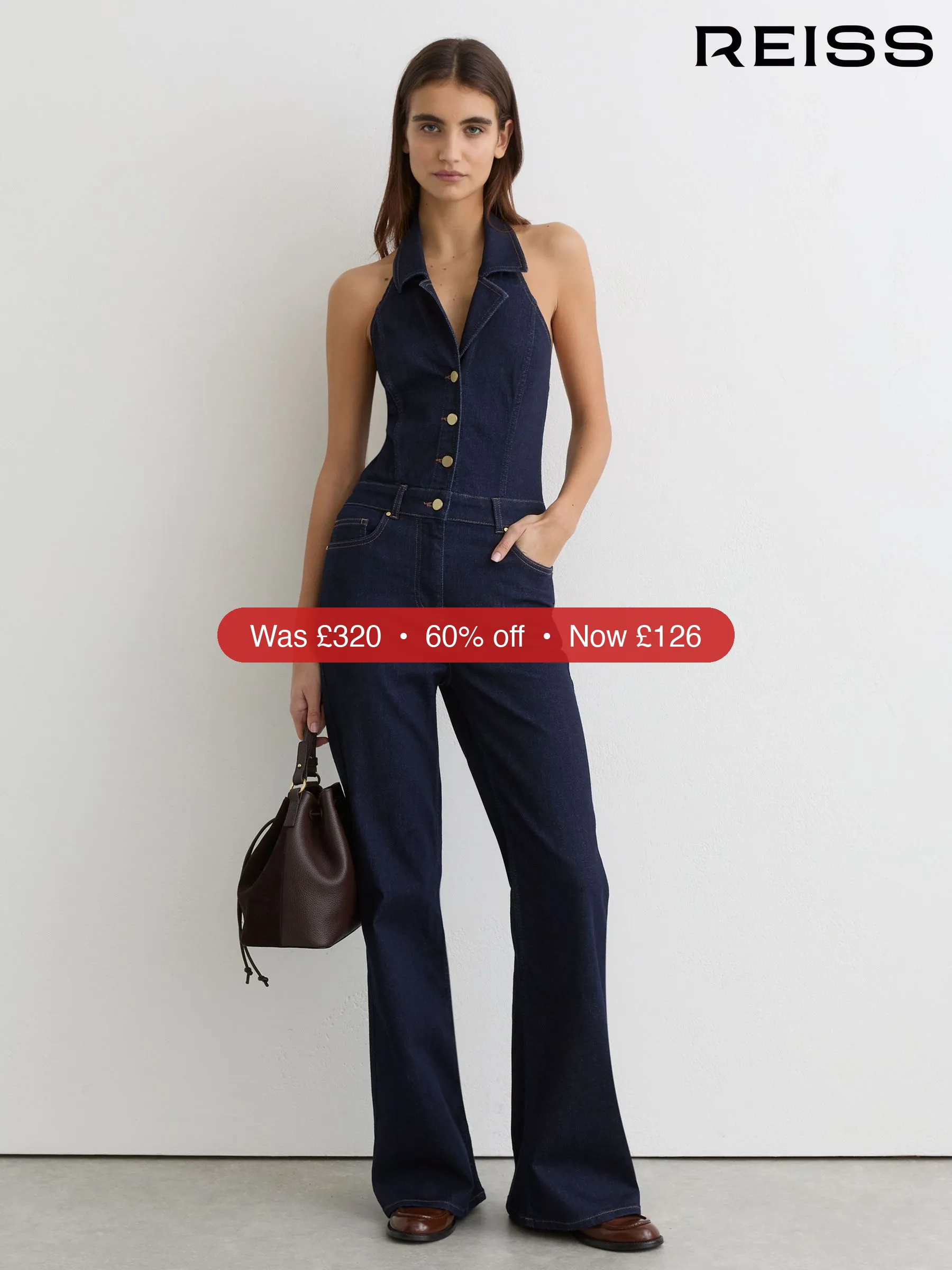 Next Reiss Indigo Blue Lolita Denim Halterneck Flared Jumpsuit - 60% Off