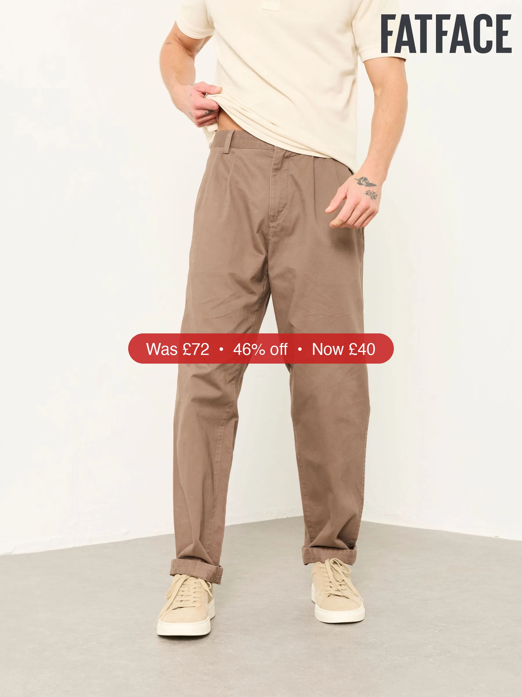 Next FatFace Brown Straight Fit Pleat Front Twill Chinos - 46% Off
