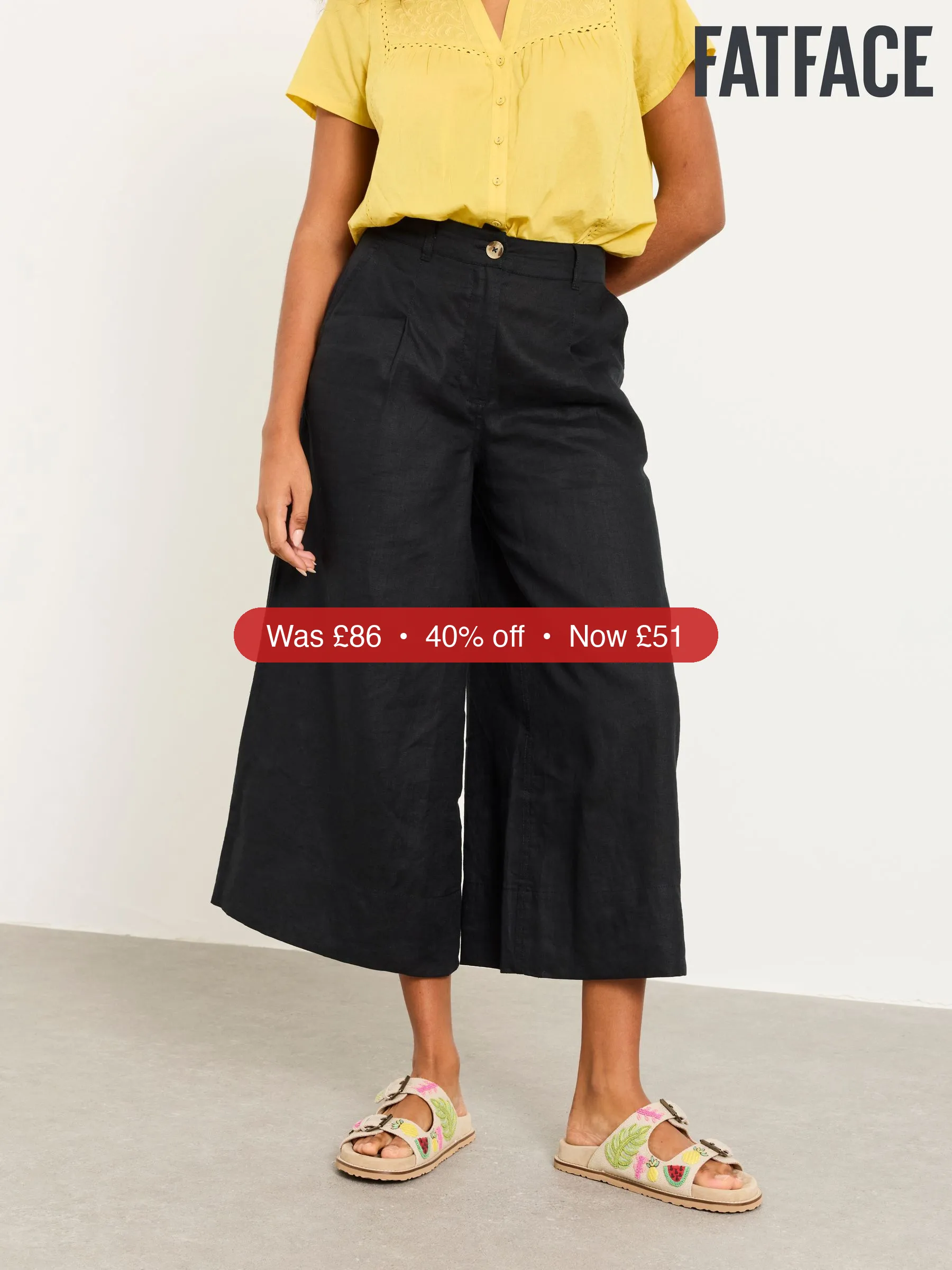 Next FatFace Anya Black Wide Leg Cropped Trousers - 40% Off