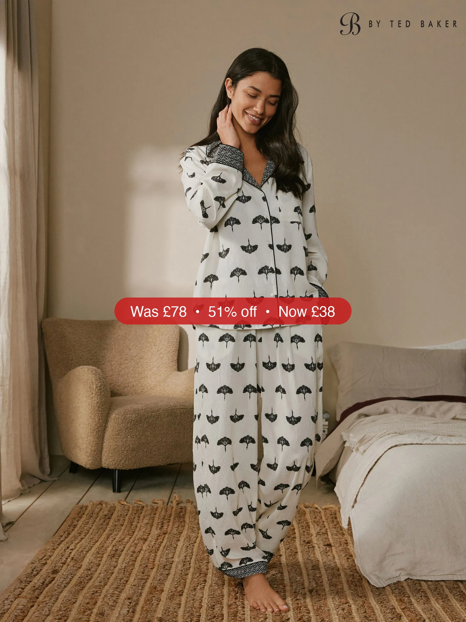 Next B by Ted Baker Bird Crinkle Satin Black/White Pyjamas - 51% Off