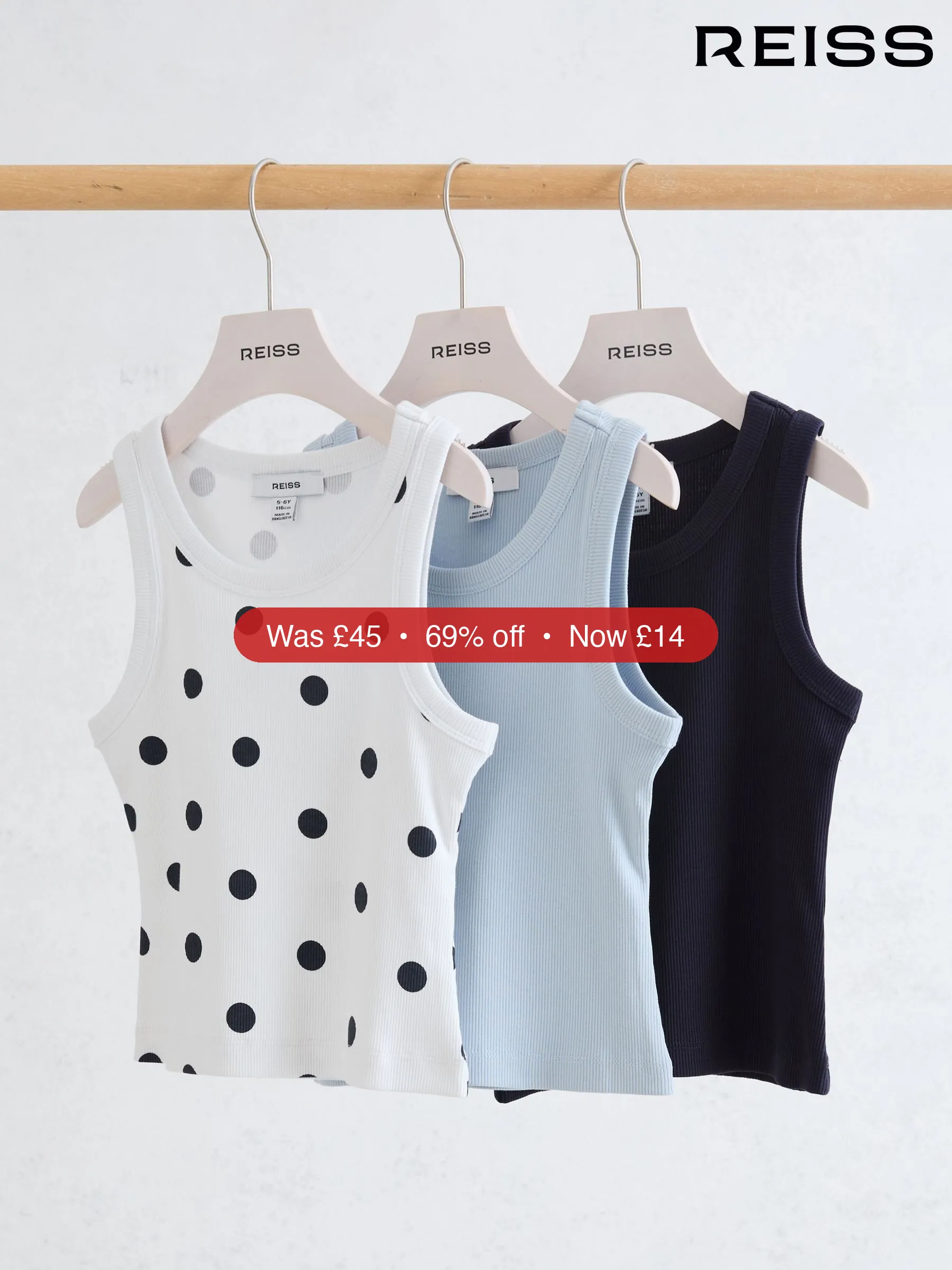 Next Reiss White Print Violet 3 Pack 9-13 yrs 3 Pack Stretch-Cotton Ribbed Vests - 69% Off