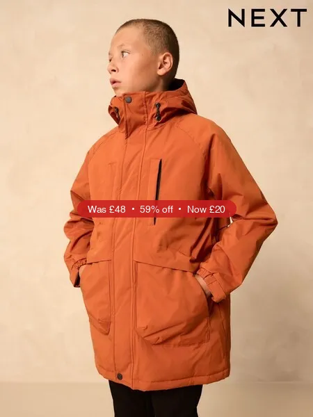 Next Orange Shower Resistant Fleece Lined Parka Coat (3-16yrs) - 59% Off