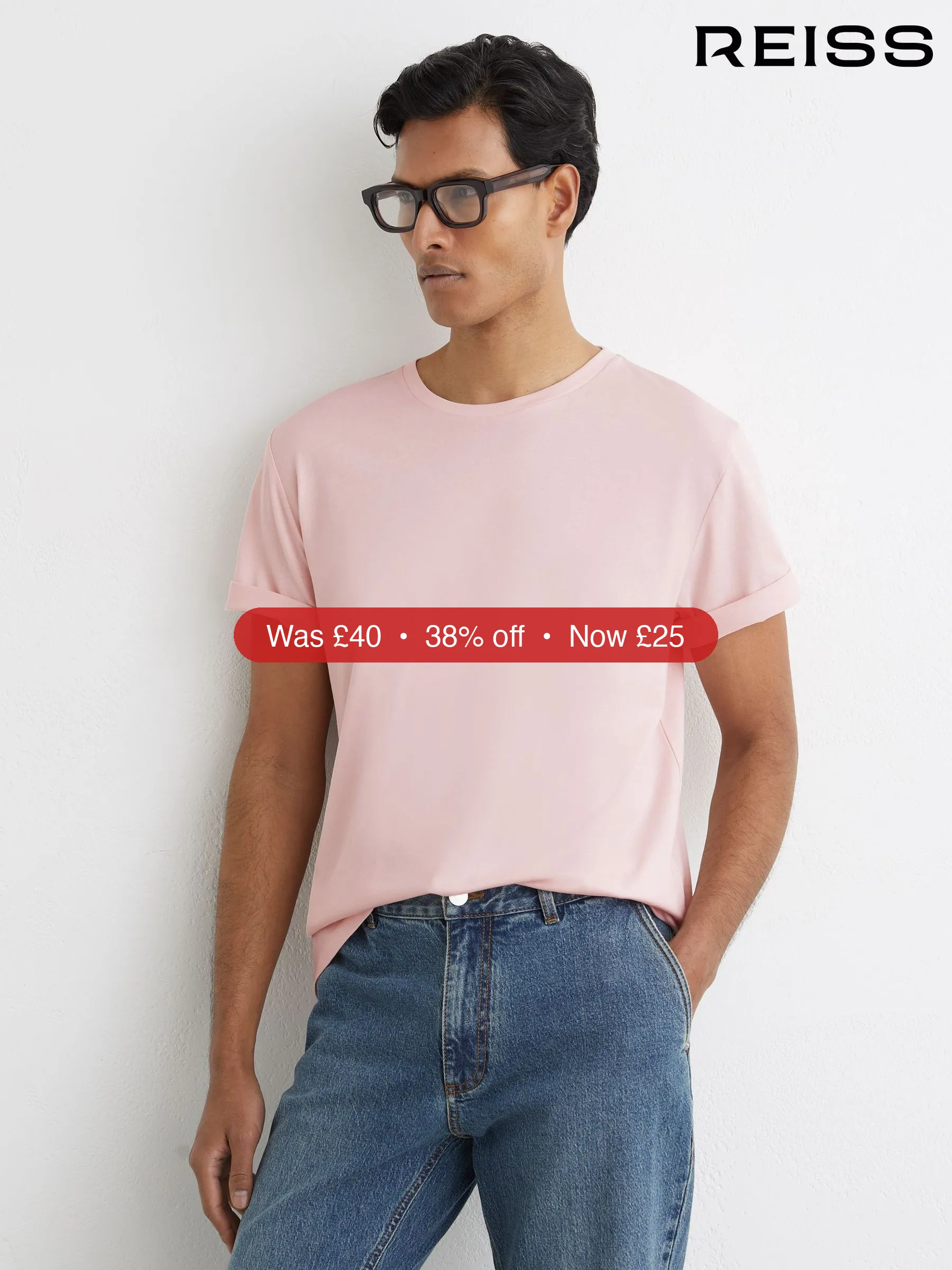 Next Reiss Pink Bless Cotton Crew-Neck Tailored-Fit T-Shirt - 38% Off