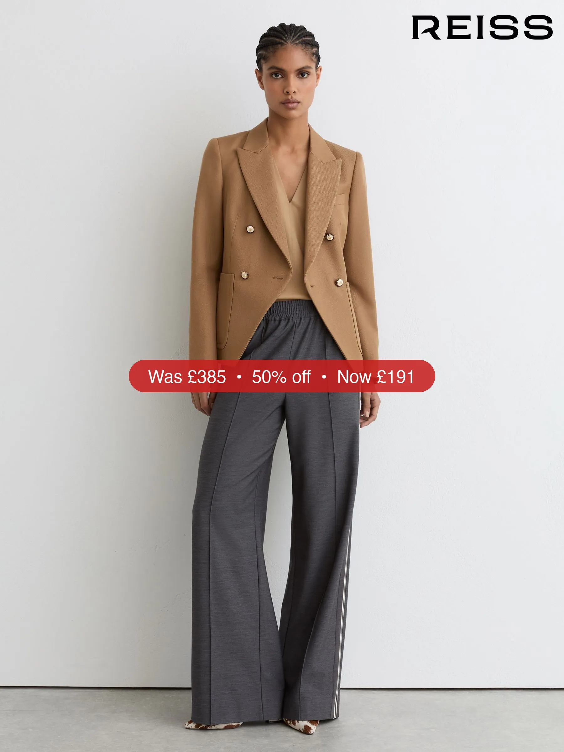 Next Reiss Camel Gigi Wool-Blend Double-Breasted Blazer - 50% Off