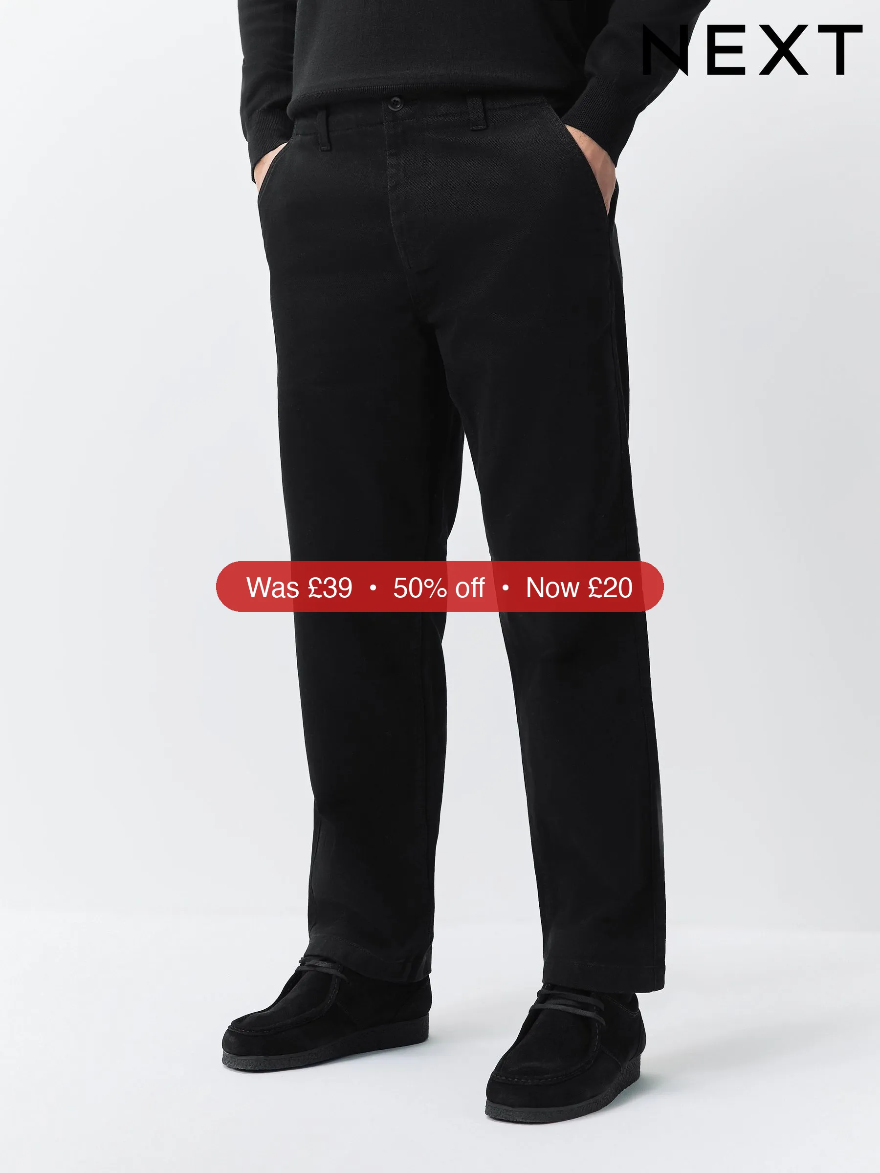 Next Black Relaxed Fit Authentic Cotton Rich Stretch Trousers - 50% Off
