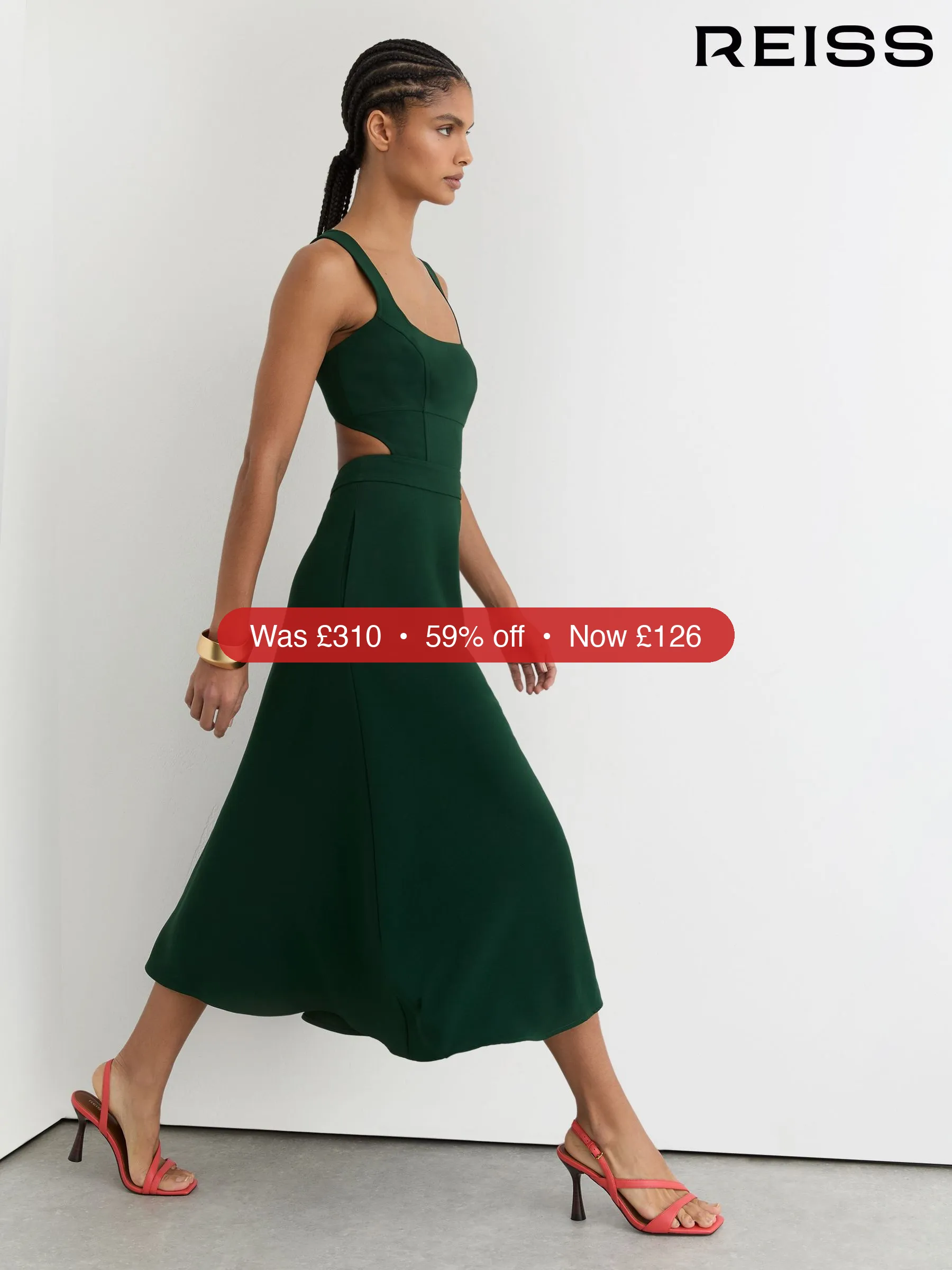 Next Reiss Green Dina Waisted Cut-Out Twill Midi Dress - 59% Off
