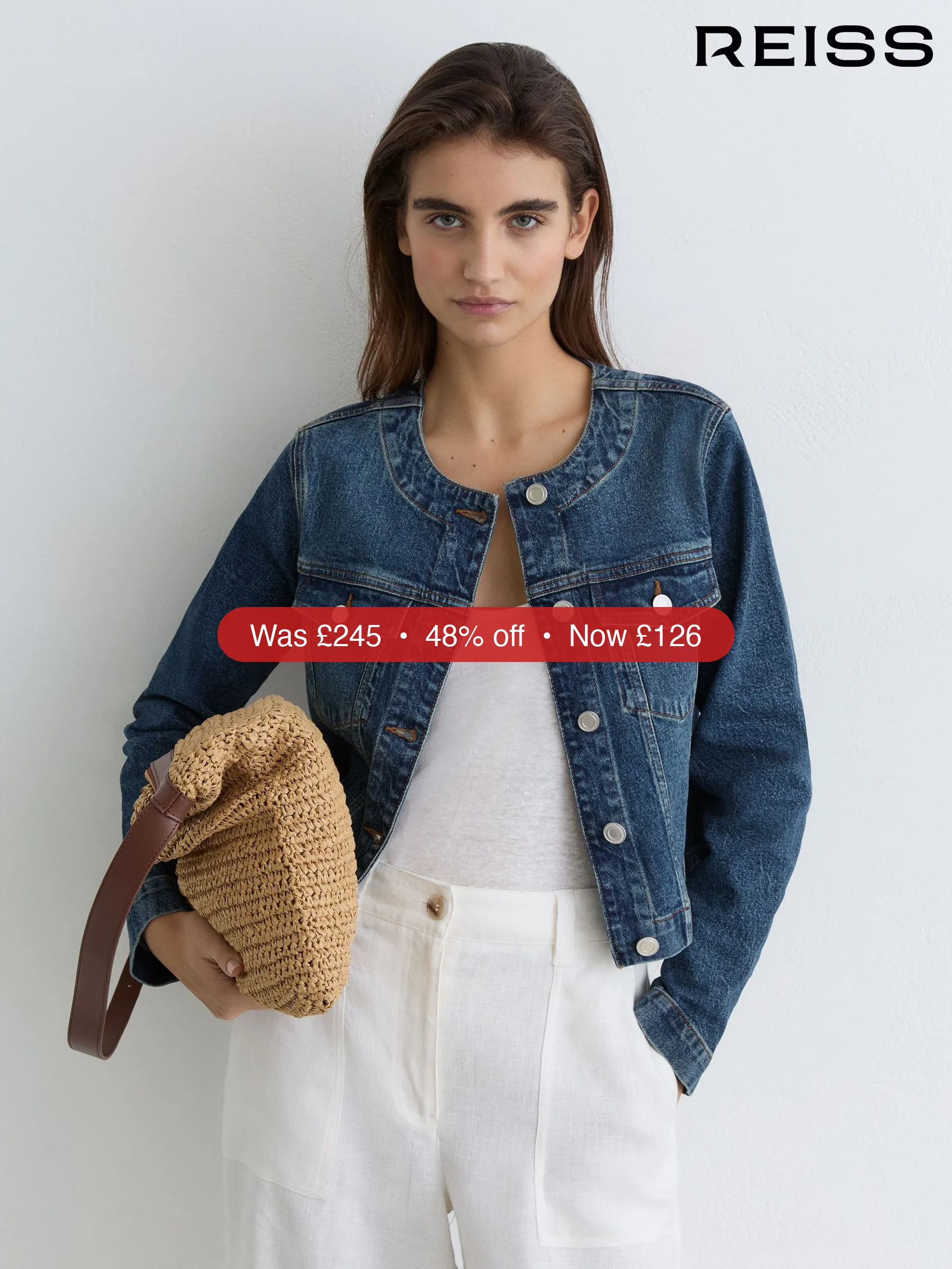 Next Reiss Mid Blue Medora Collarless Cropped Jacket - 48% Off