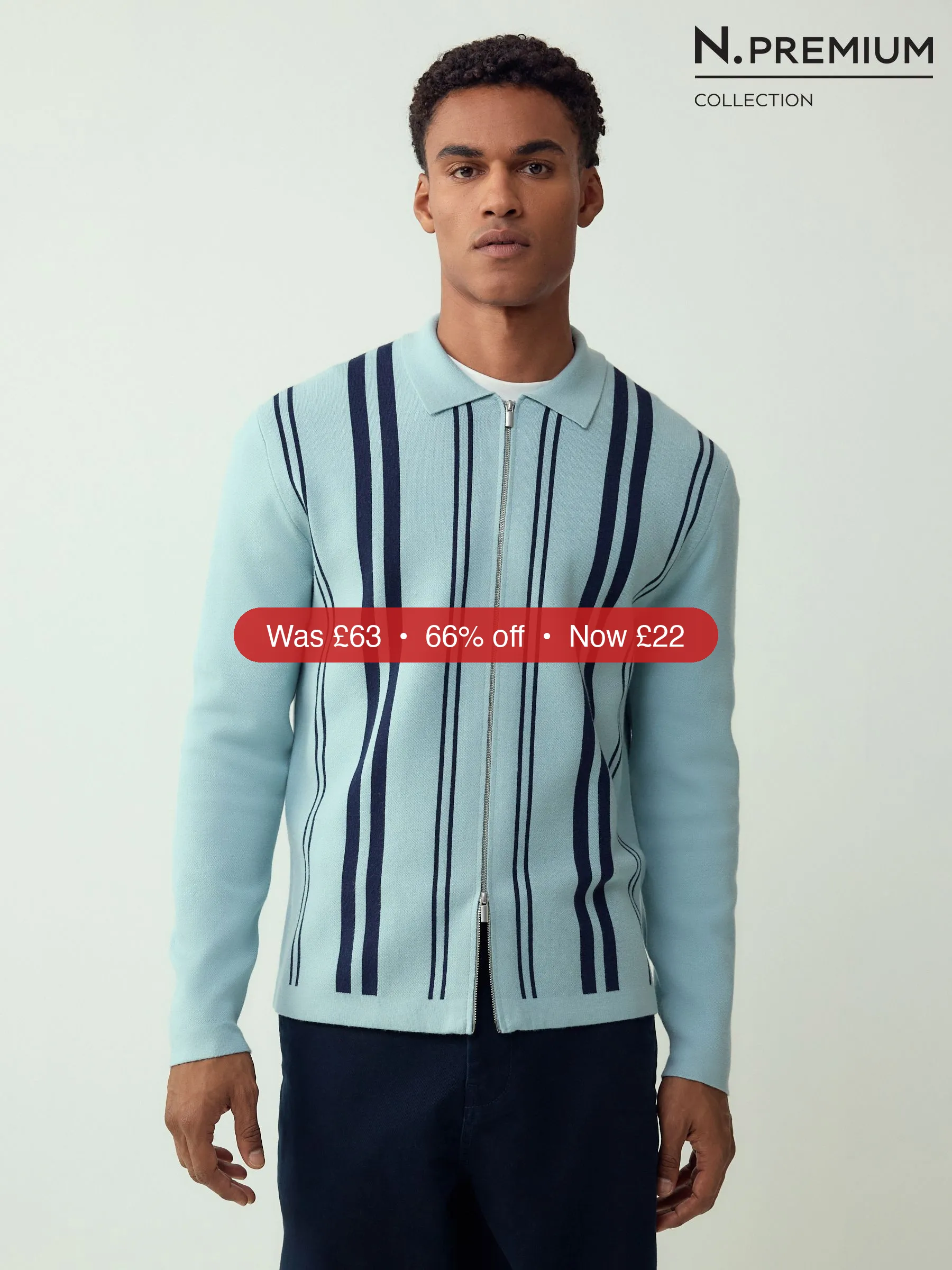 Next Light Blue N. Premium Regular Fit Mid Weight Stripe Zip Through Cardigan - 66% Off