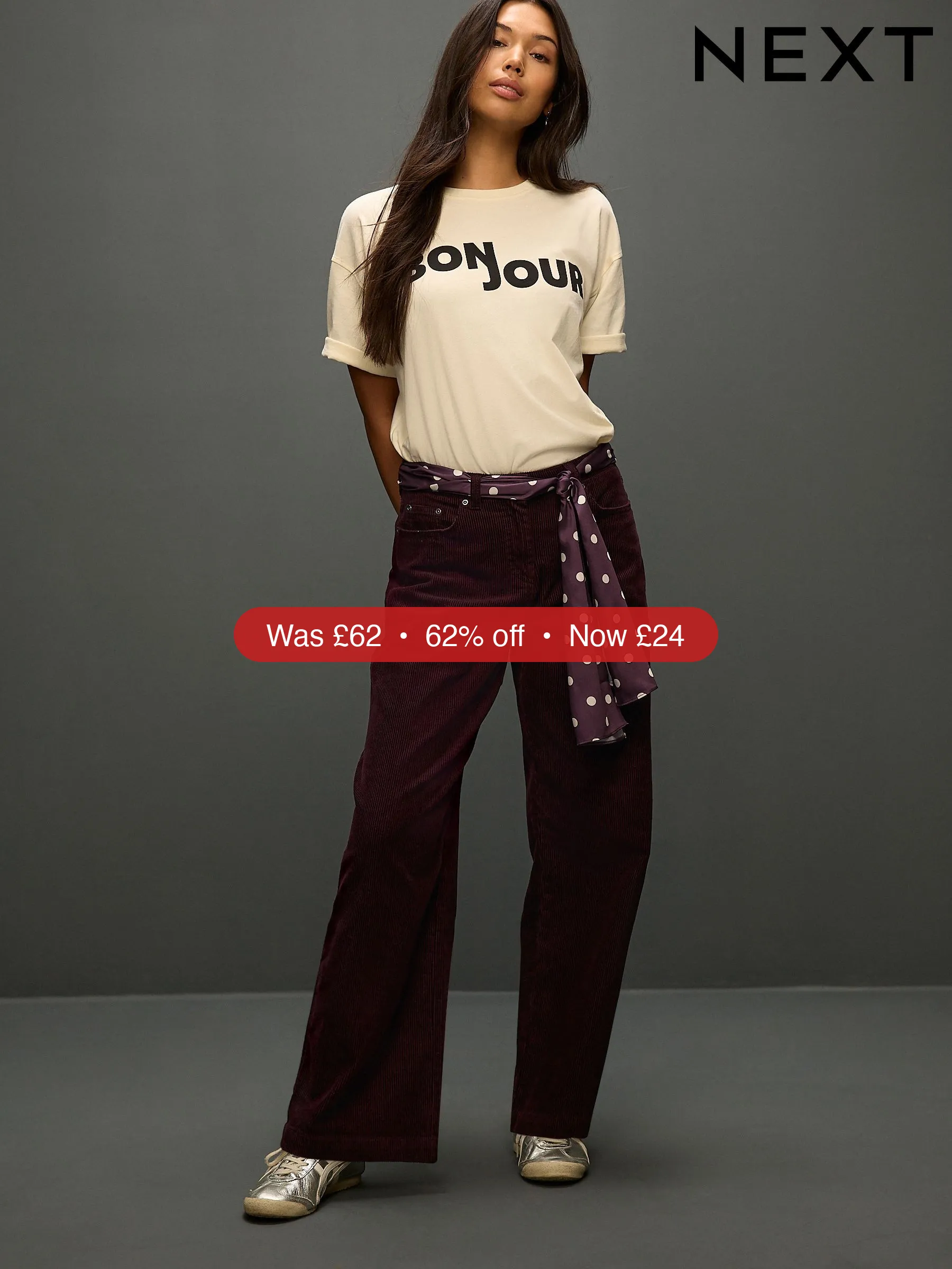 Next Burgundy Red Cord Wide Leg Trousers With Scarf - 62% Off