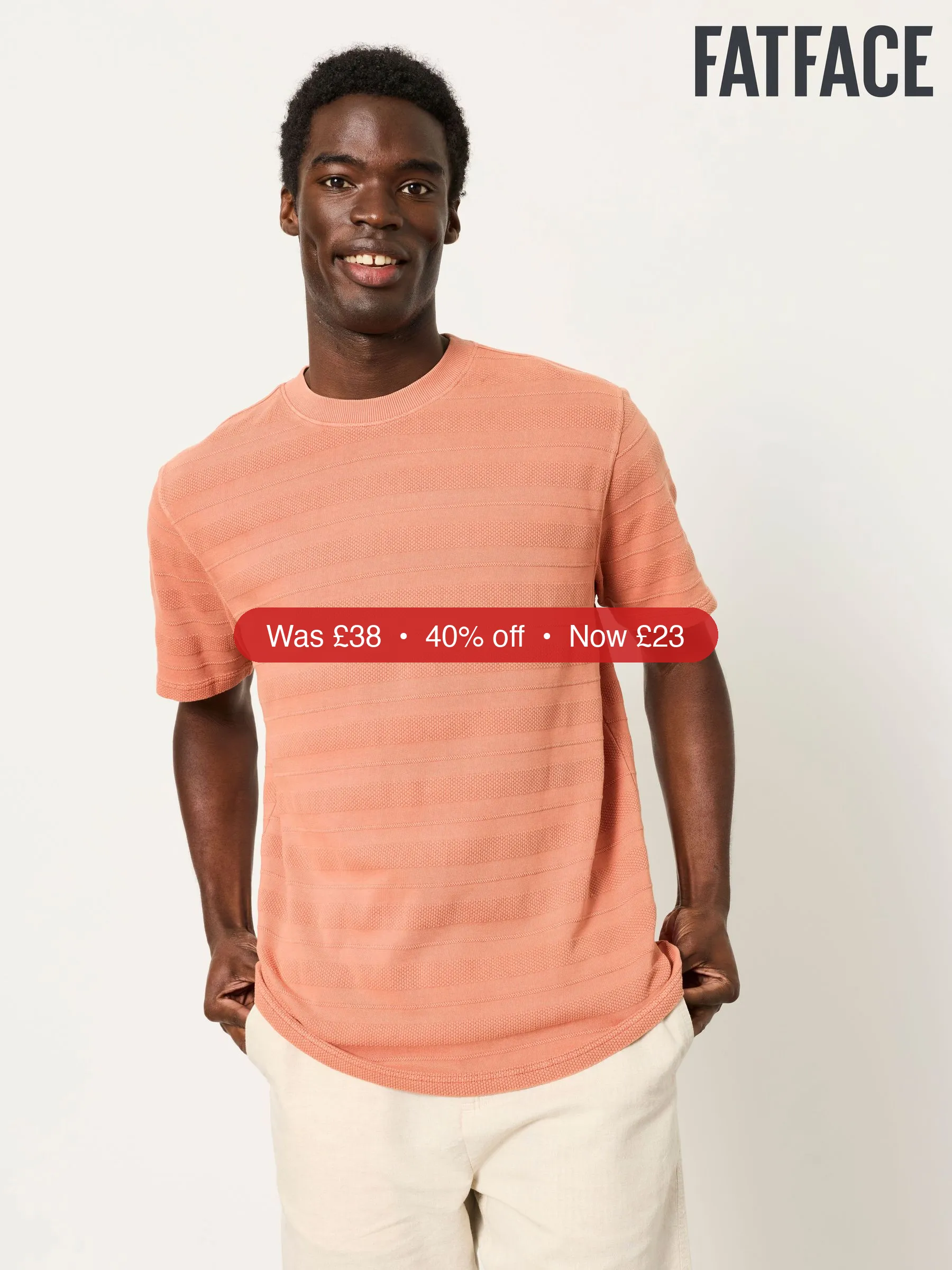 Next FatFace Bexley Relaxed Fit Coral Pink Textured Stripe Tshirt - 40% Off