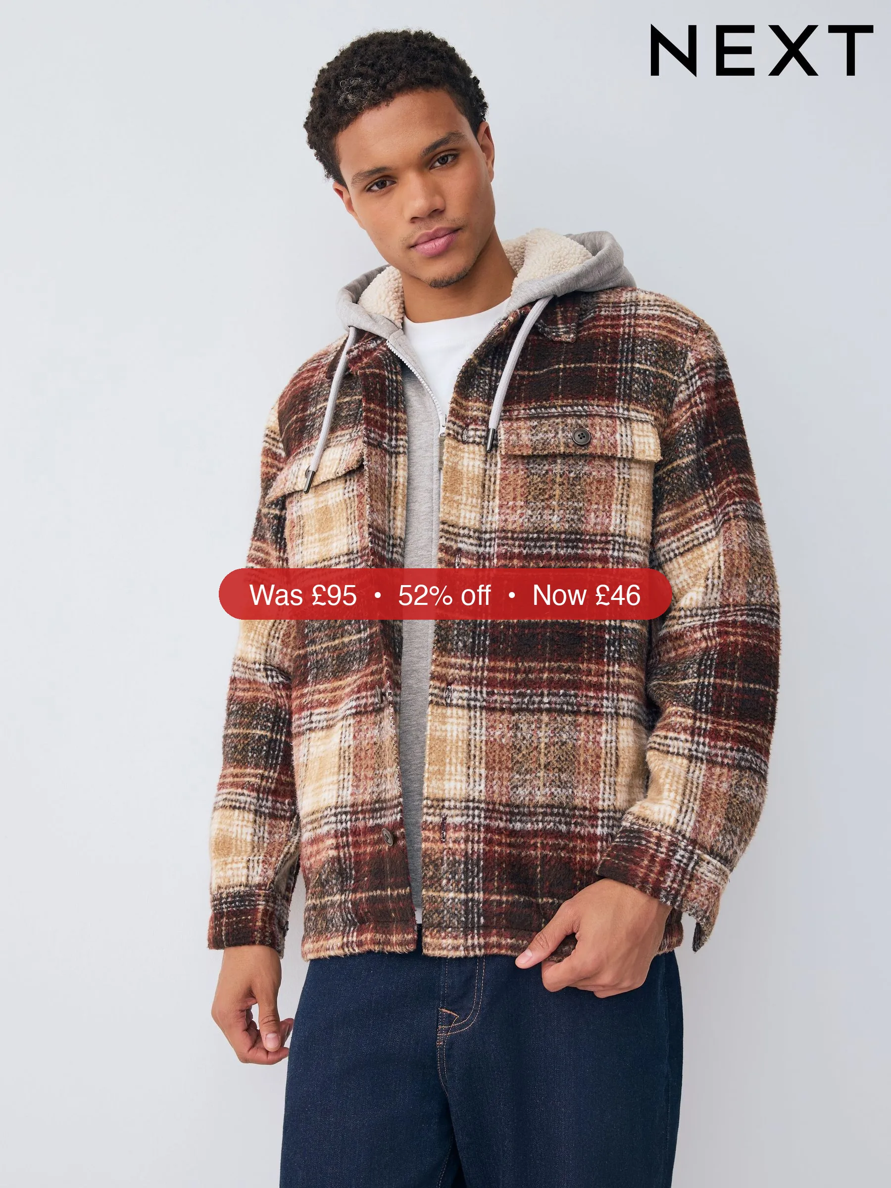 Next Rust Brown Borg Lined Hooded Check Shacket - 52% Off